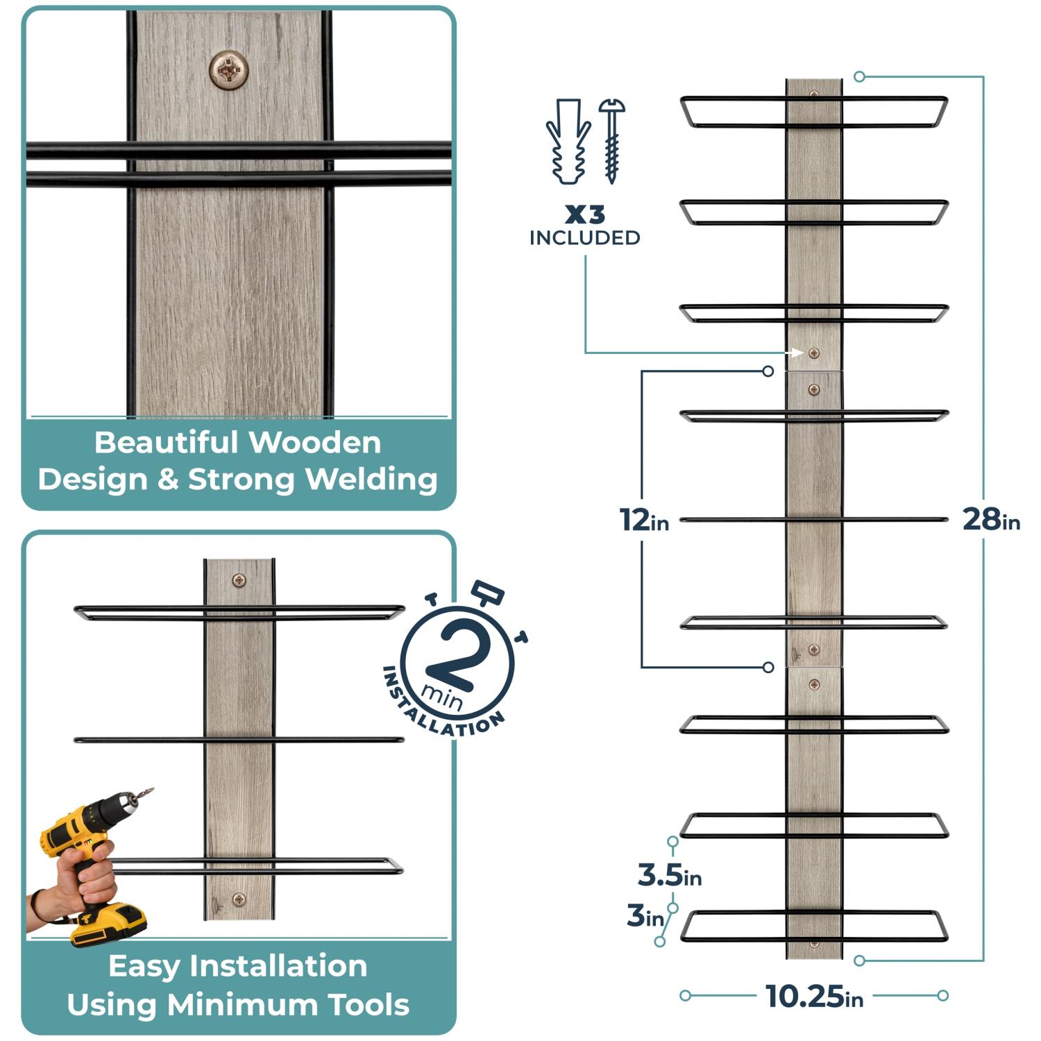 Porte-bouteilles mural en bois Sorbus pour 9 bouteilles, gris, parfait pour le bar à la maison, la cuisine, la salle à manger, une bouteille de vin