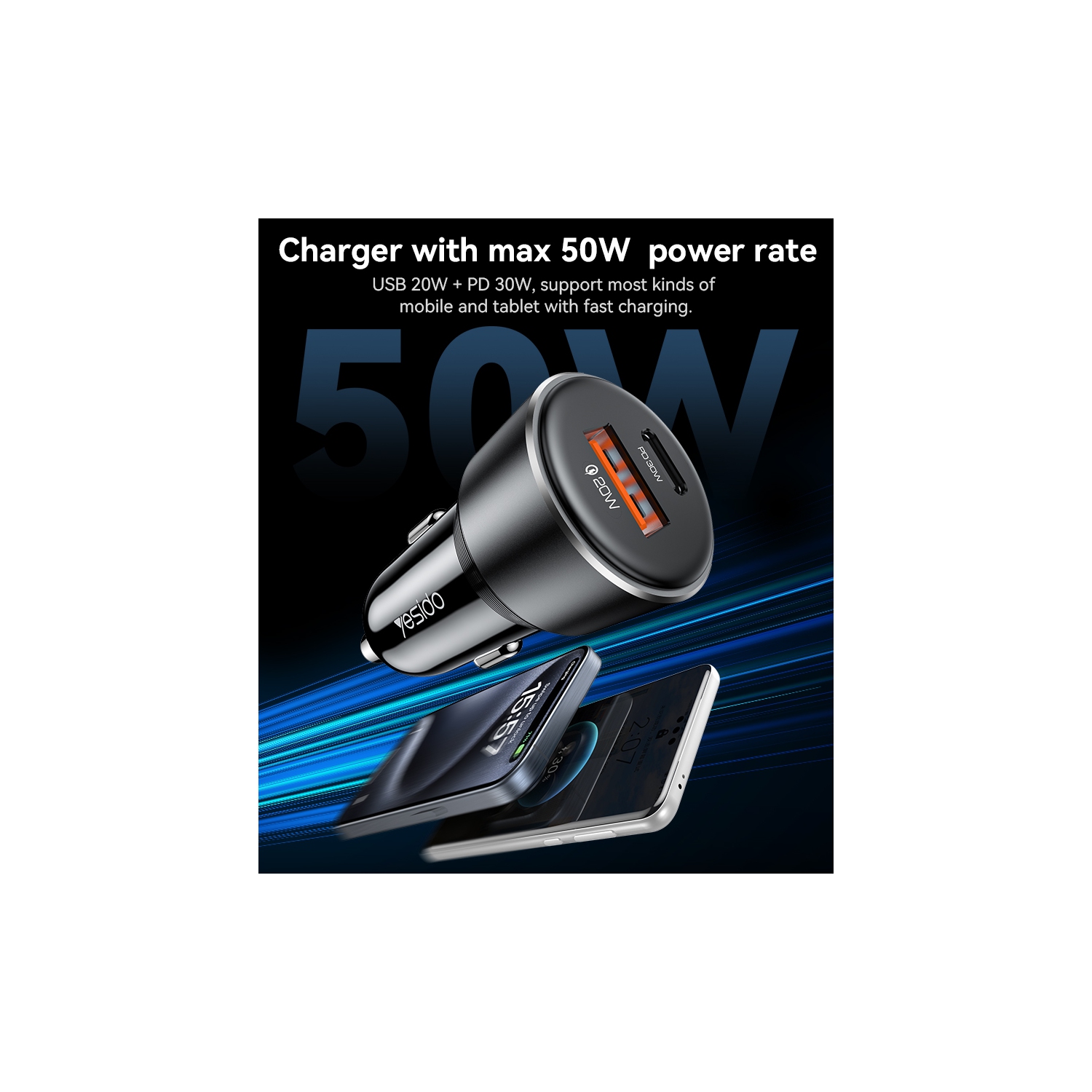 Chargeur pour l'auto à recharge rapide en alliage d'aluminium Yesido USB + TC 30&nbsp;W + USB20W Multi Protection 50&nbsp;W