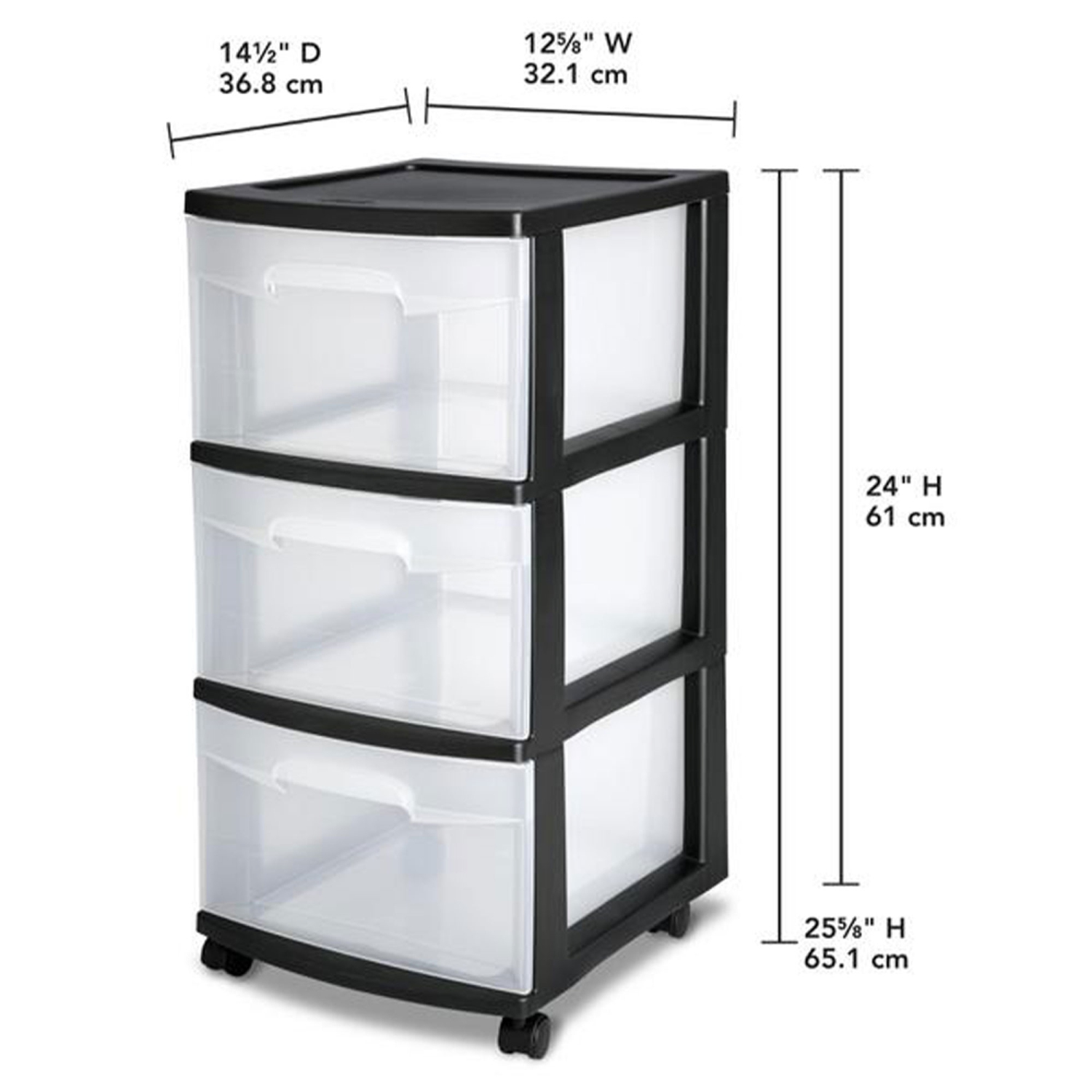 Sterilite 3 Drawer Plastic Rolling Storage Cart, Clear with Black Frame