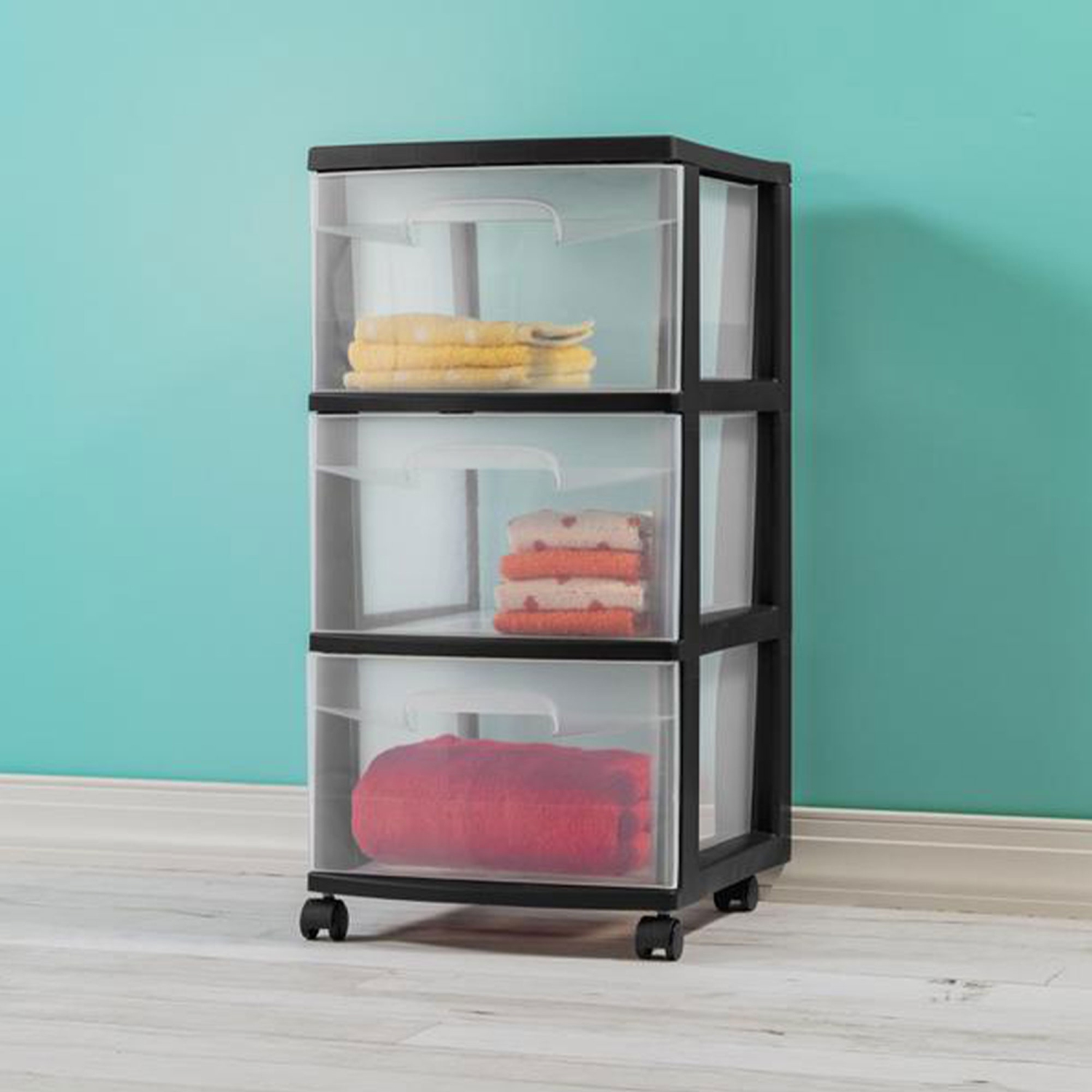 Sterilite 3 Drawer Plastic Rolling Storage Cart, Clear with Black Frame
