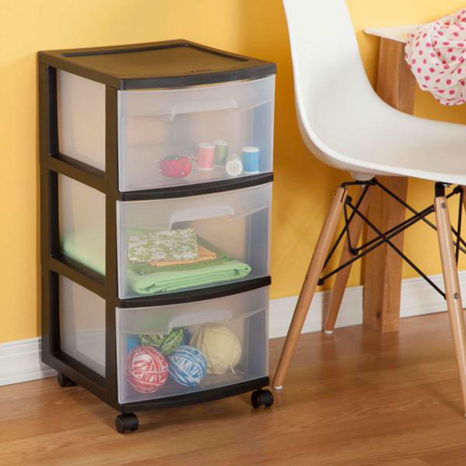 Sterilite 3 Drawer Plastic Rolling Storage Cart, Clear with Black Frame