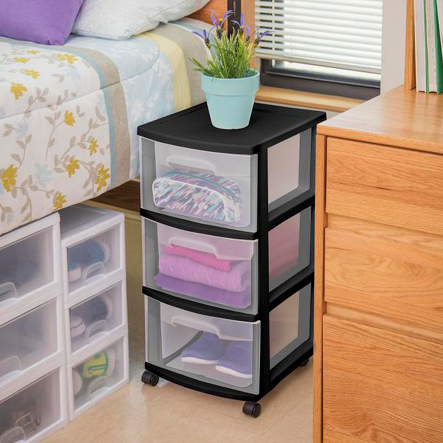 Sterilite 3 Drawer Plastic Rolling Storage Cart, Clear with Black Frame