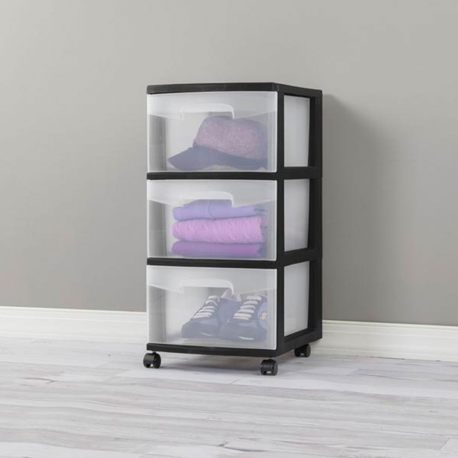 Sterilite 3 Drawer Plastic Rolling Storage Cart, Clear with Black Frame