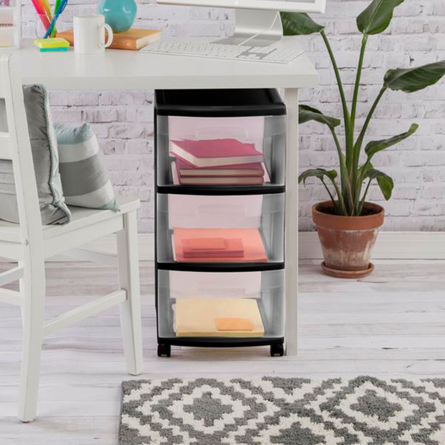 Sterilite 3 Drawer Plastic Rolling Storage Cart, Clear with Black Frame