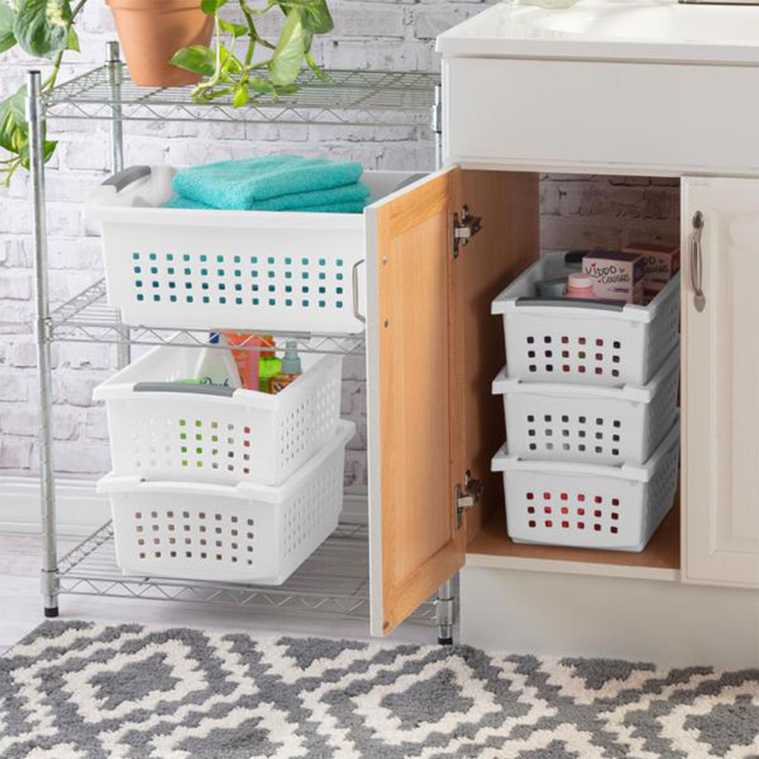 Sterilite Medium Plastic Stackable Storage Organizer Basket Bin, White