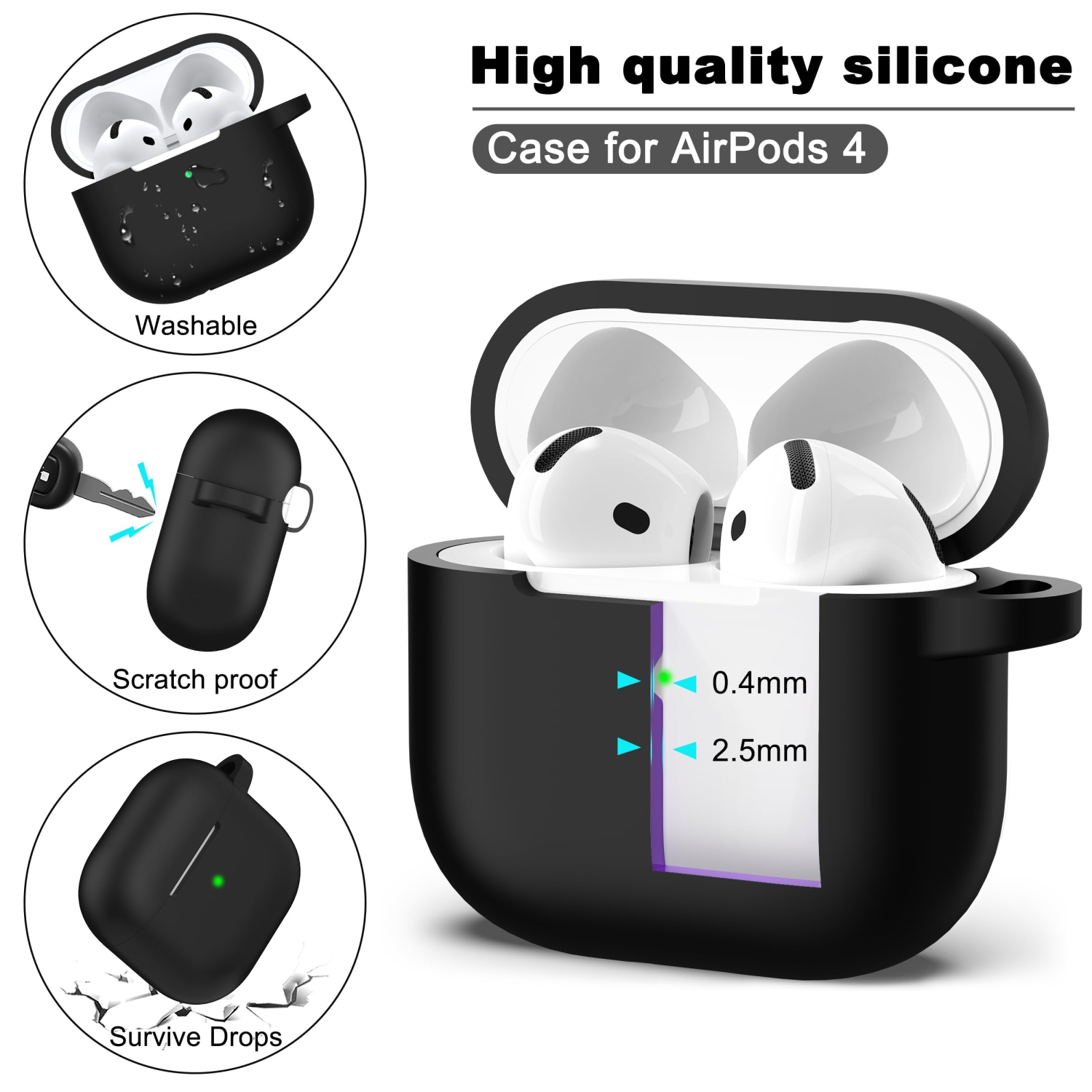for Airpods 4th Generation Case Cover with Cleaner Kit, Soft Skin Silicone Casewith Keychain, Full Protective Case, Compatible with Apple Latest