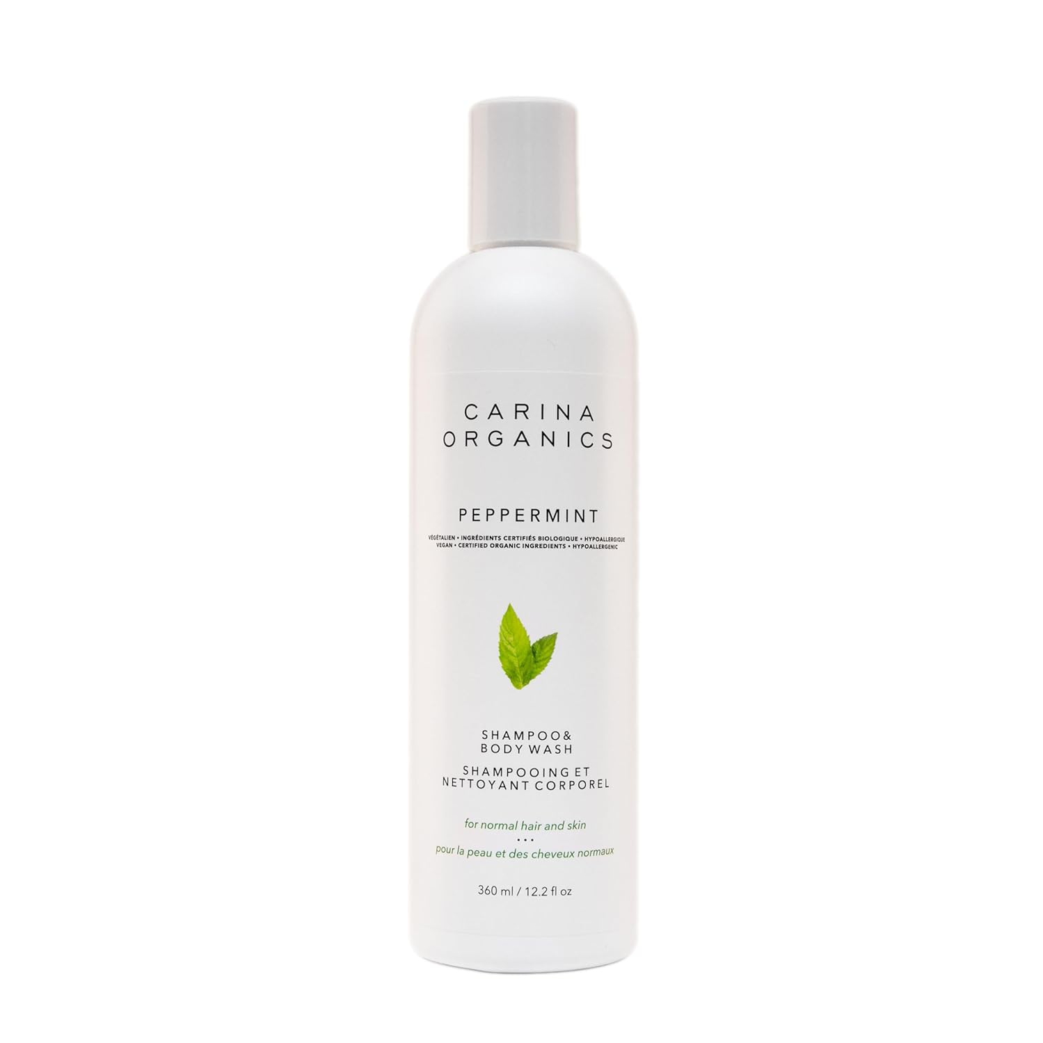 Carina Organics – Shampooing et nettoyant pour le corps stimulant la menthe poivrée, 360&nbsp;ml, blanc