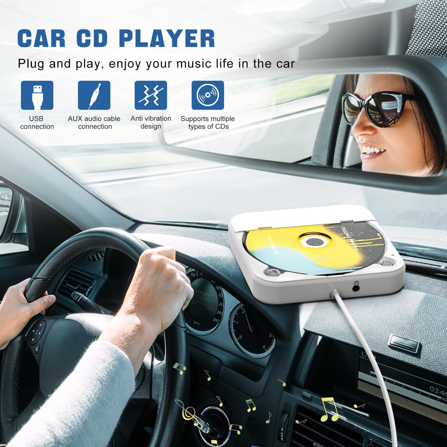 Lecteur CD pour voiture avec port USB auxiliaire, lecteur CD externe portatif pour voiture, prêt à l'emploi, compatible avec voiture, ordinateur