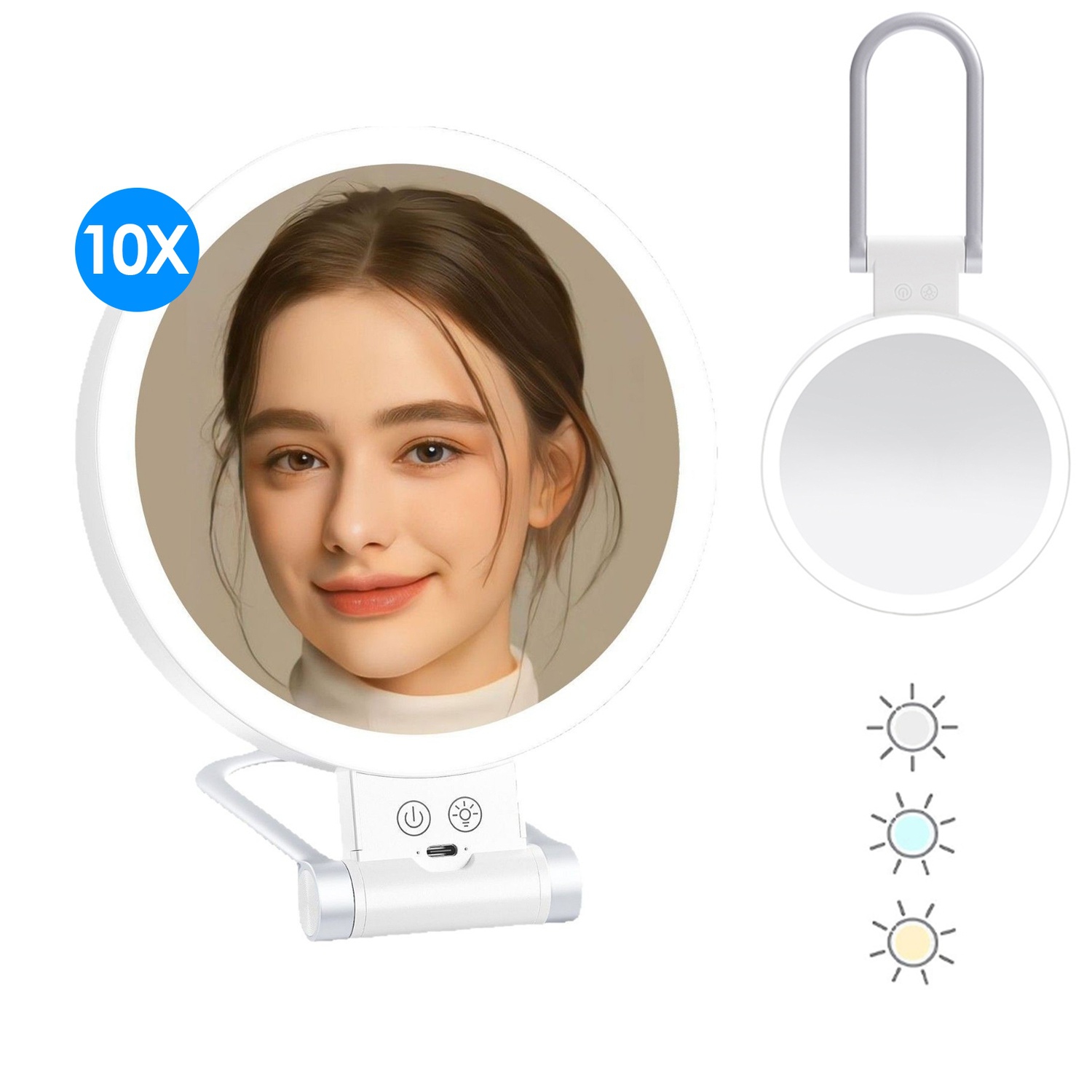 Miroir grossissant portatif avec lumière, miroir de maquillage lumineux à 2 côtés 1X/10X pour le maquillage miroir de table pour le maquillage