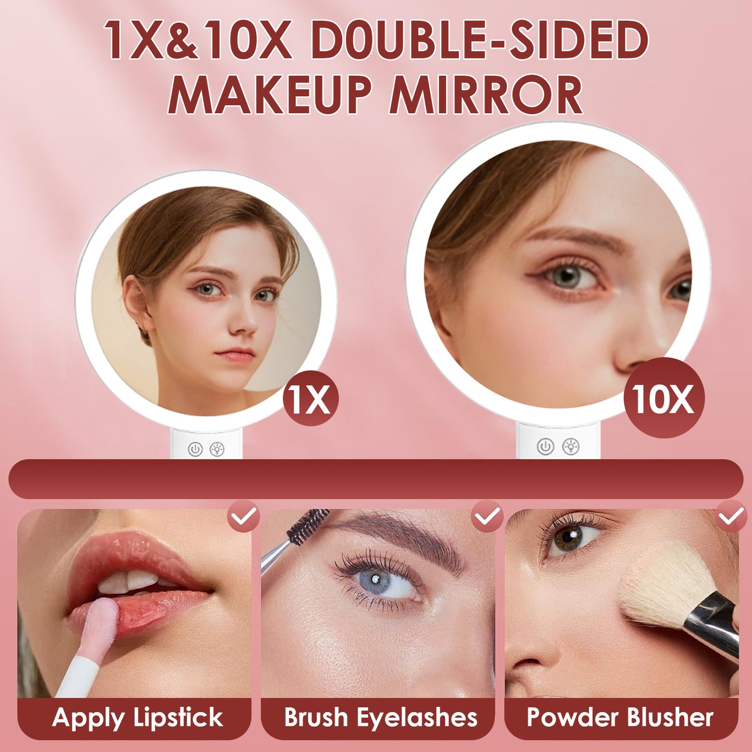 Miroir grossissant portatif avec lumière, miroir de maquillage lumineux à 2 côtés 1X/10X pour le maquillage miroir de table pour le maquillage
