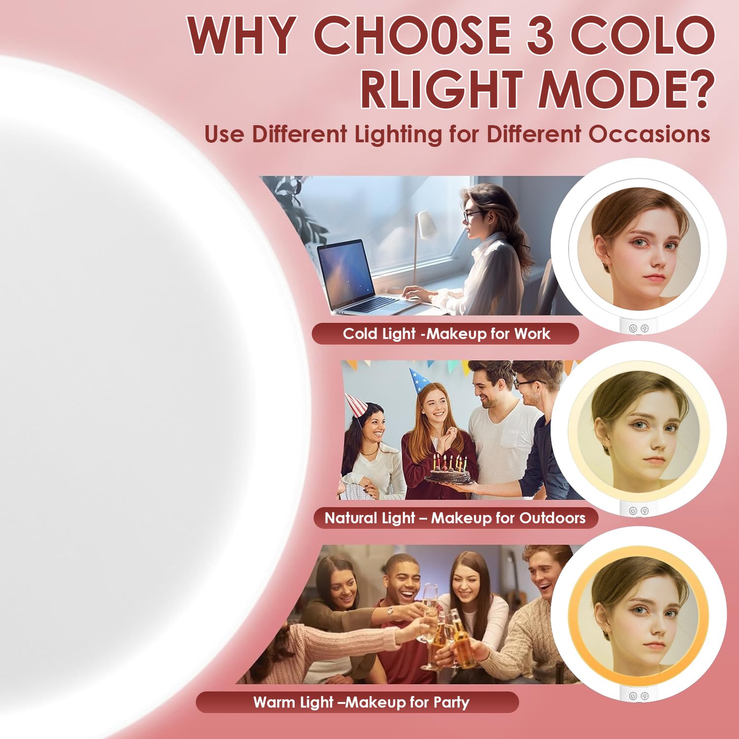 Miroir grossissant portatif avec lumière, miroir de maquillage lumineux à 2 côtés 1X/10X pour le maquillage miroir de table pour le maquillage