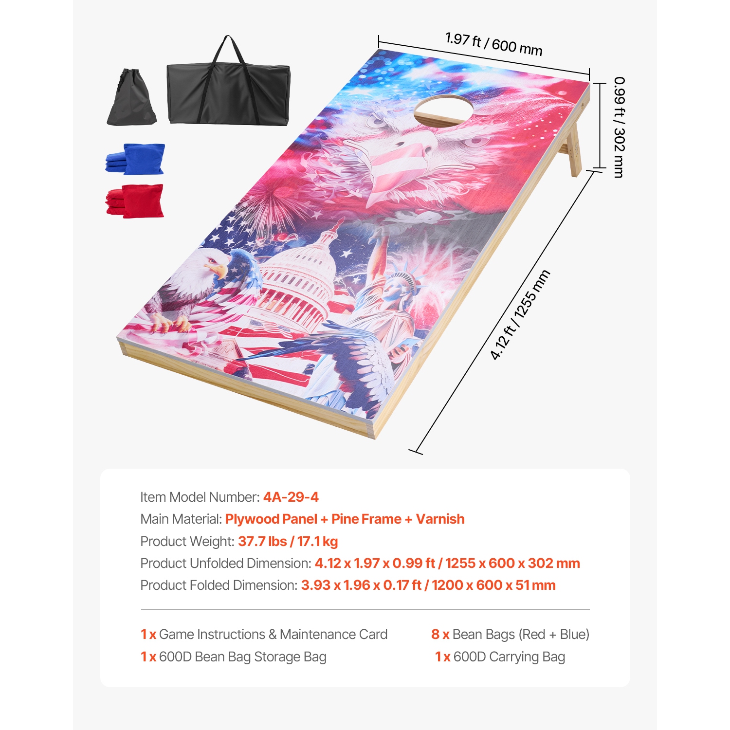 VEVOR 4x2 ft Cornhole Set, Corn Hole Game Boards, Solid Wood Portable Toss Board, Indoor and Outdoor Cornhole Play for Adults, Include 8 Bean Bags