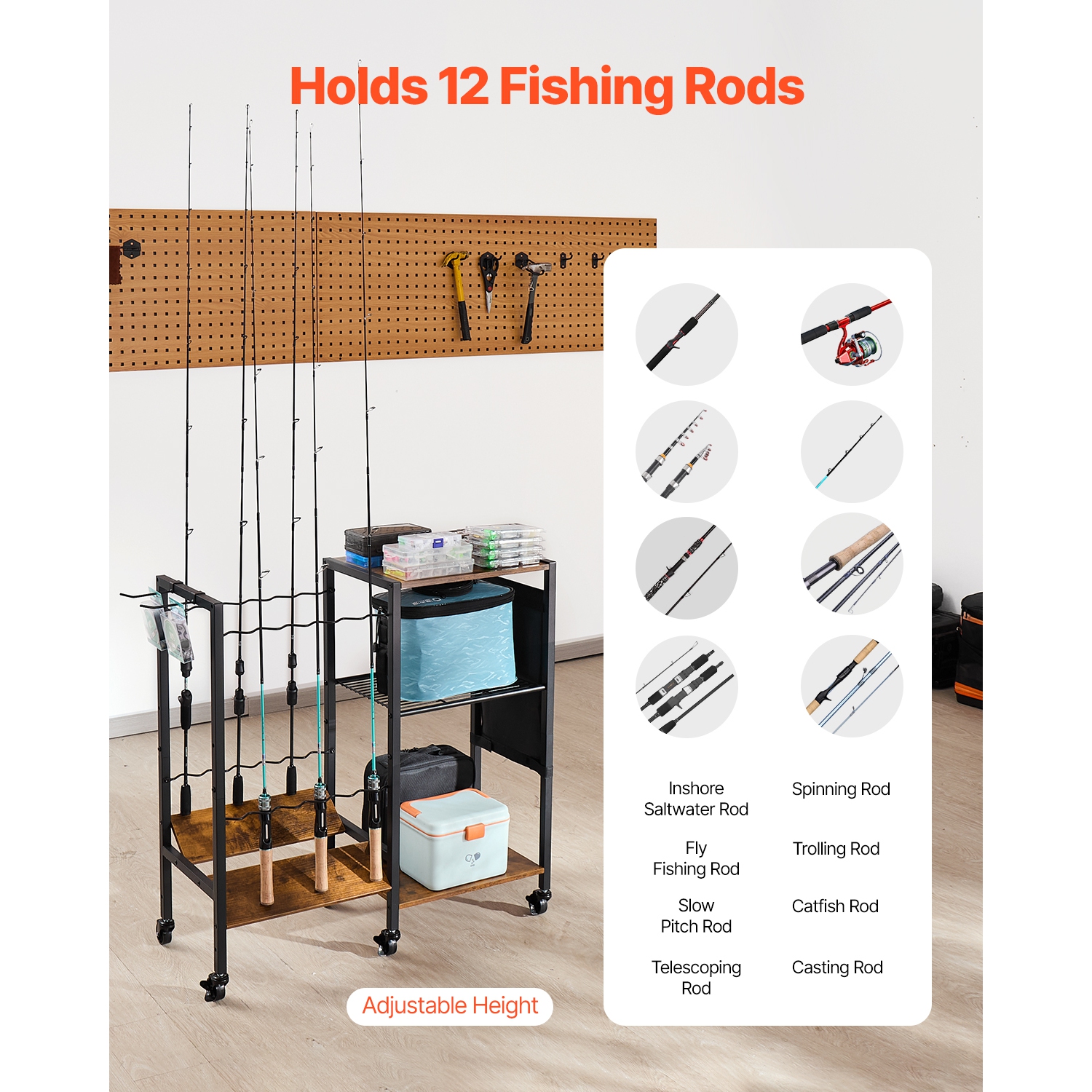 VEVOR Fishing Rod Holder for 12-Rods, Mobile Fishing Pole Rack Cart with Wheels, Fish Gear Equipment Organizer for Garage Home Indoor Use, for Tackle