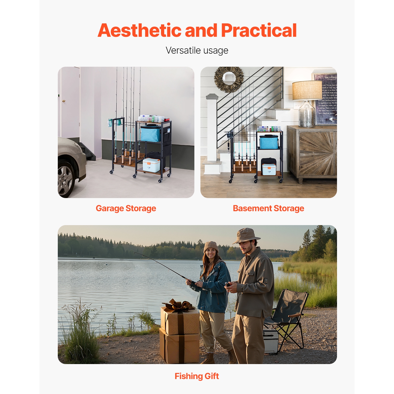 VEVOR Fishing Rod Holder for 12-Rods, Mobile Fishing Pole Rack Cart with Wheels, Fish Gear Equipment Organizer for Garage Home Indoor Use, for Tackle