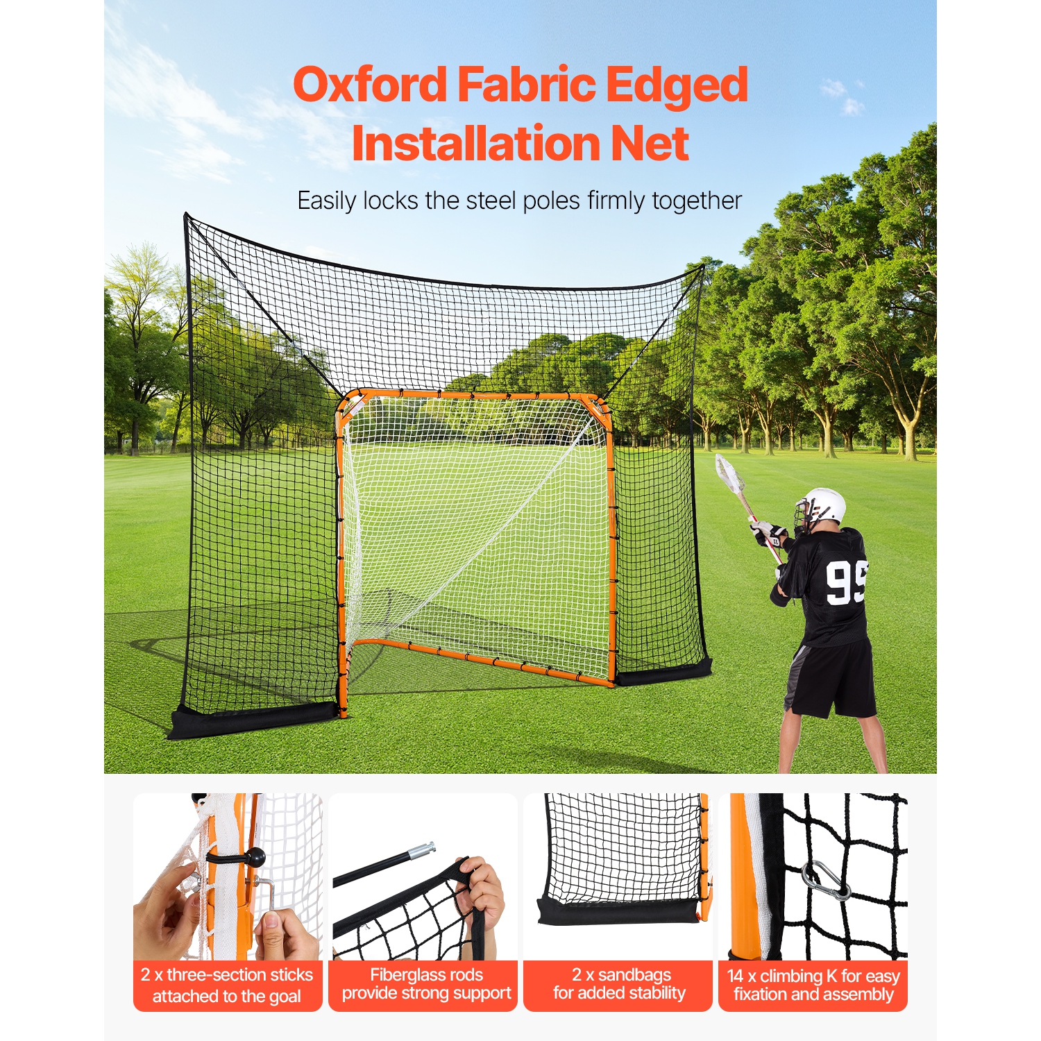 VEVOR 12x9 ft Hockey and Lacrosse Goal Backstop, Lacrosse Net with Extended Coverage, Quick Easy Setup Complete Accessories Training Net, Backyard