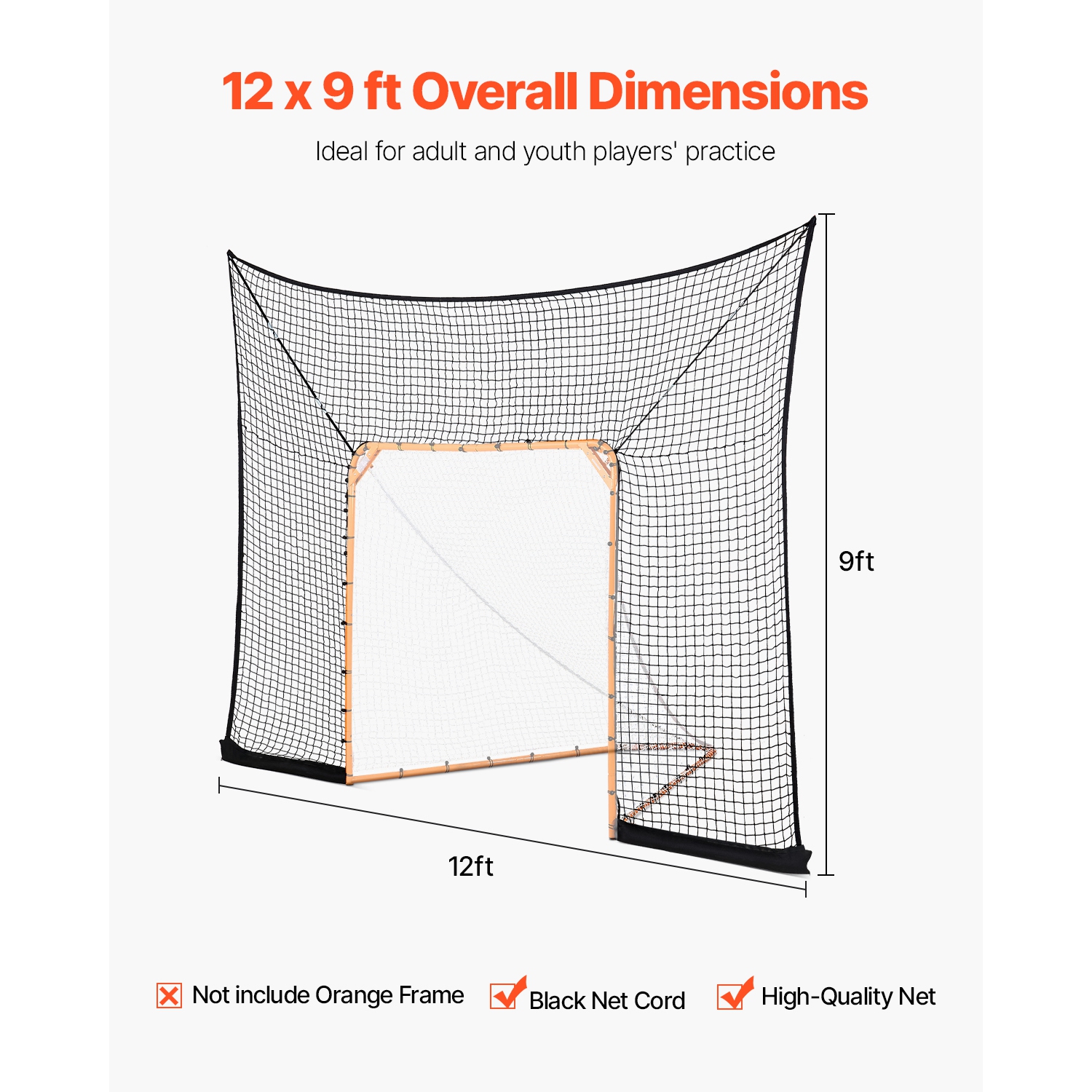 VEVOR 12x9 ft Hockey and Lacrosse Goal Backstop, Lacrosse Net with Extended Coverage, Quick Easy Setup Complete Accessories Training Net, Backyard