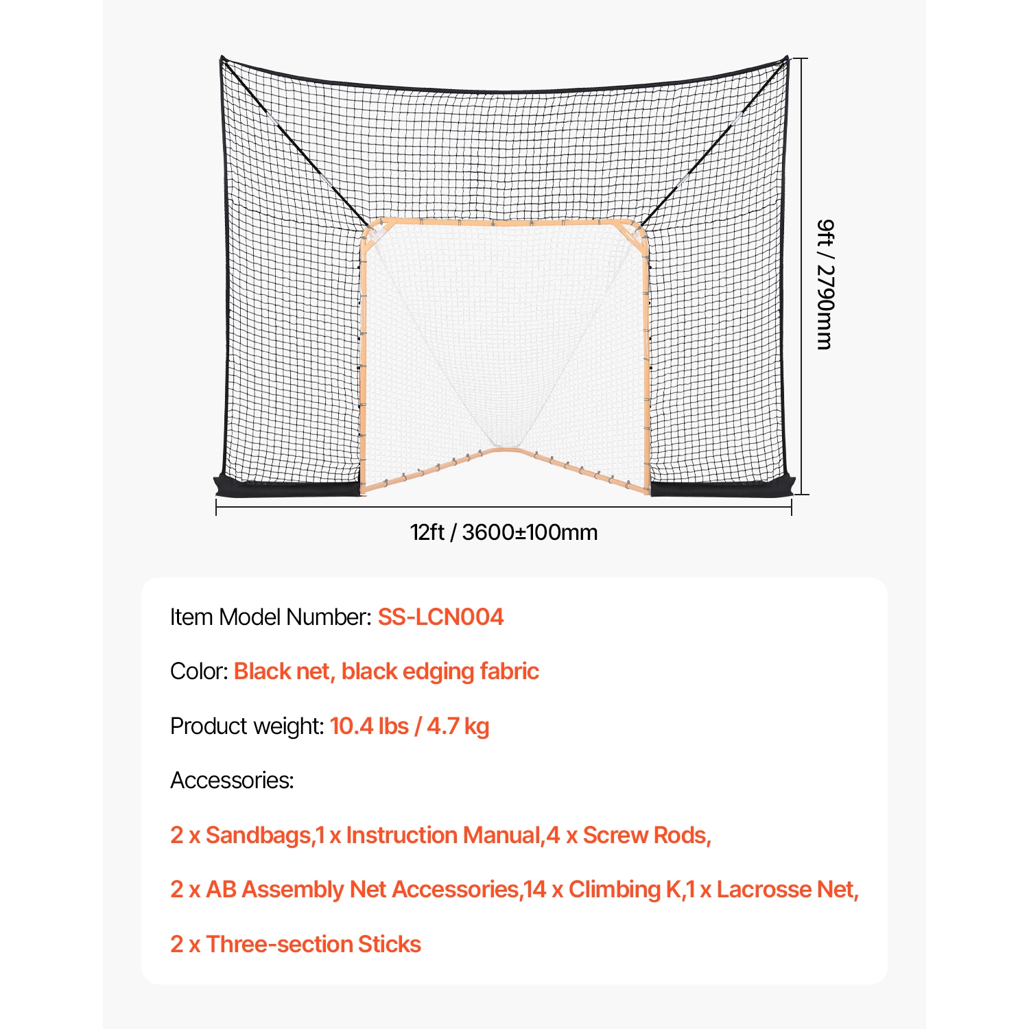 VEVOR 12x9 ft Hockey and Lacrosse Goal Backstop, Lacrosse Net with Extended Coverage, Quick Easy Setup Complete Accessories Training Net, Backyard