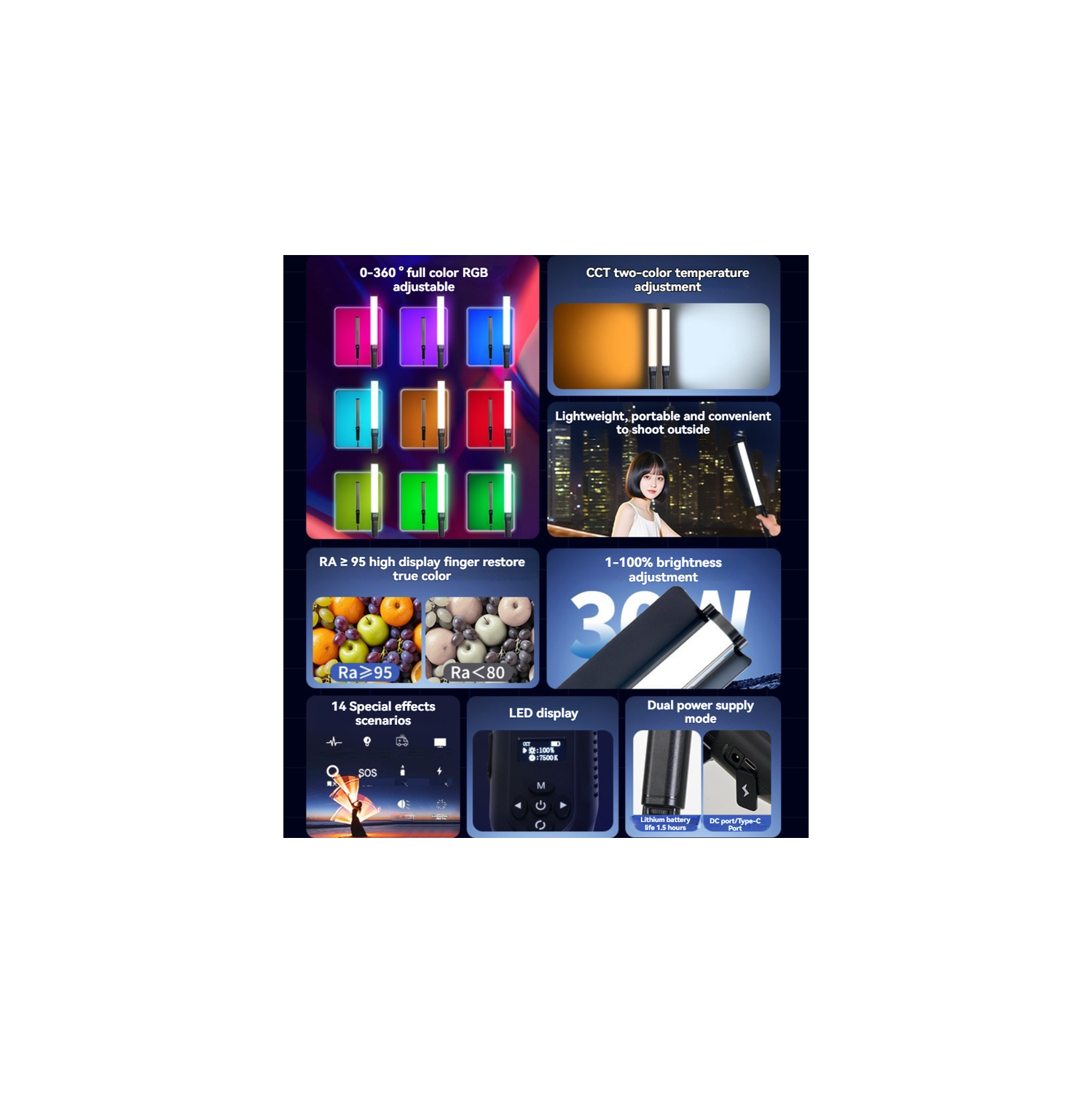 Bâton lumineux portatif pour photographie LED - 30&nbsp;W RVB couleur, batterie au lithium haute énergie intégrée, deux modes de température CCT,