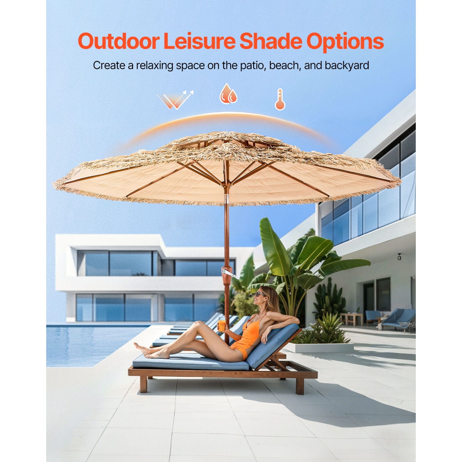 VEVOR 9 ft Tiki Umbrella, Thatched Patio Umbrella with Tilt, 2-Tier Hawaiian Style Beach Parasol with PP Thatch and 8 Metal Ribs, Grass Pool