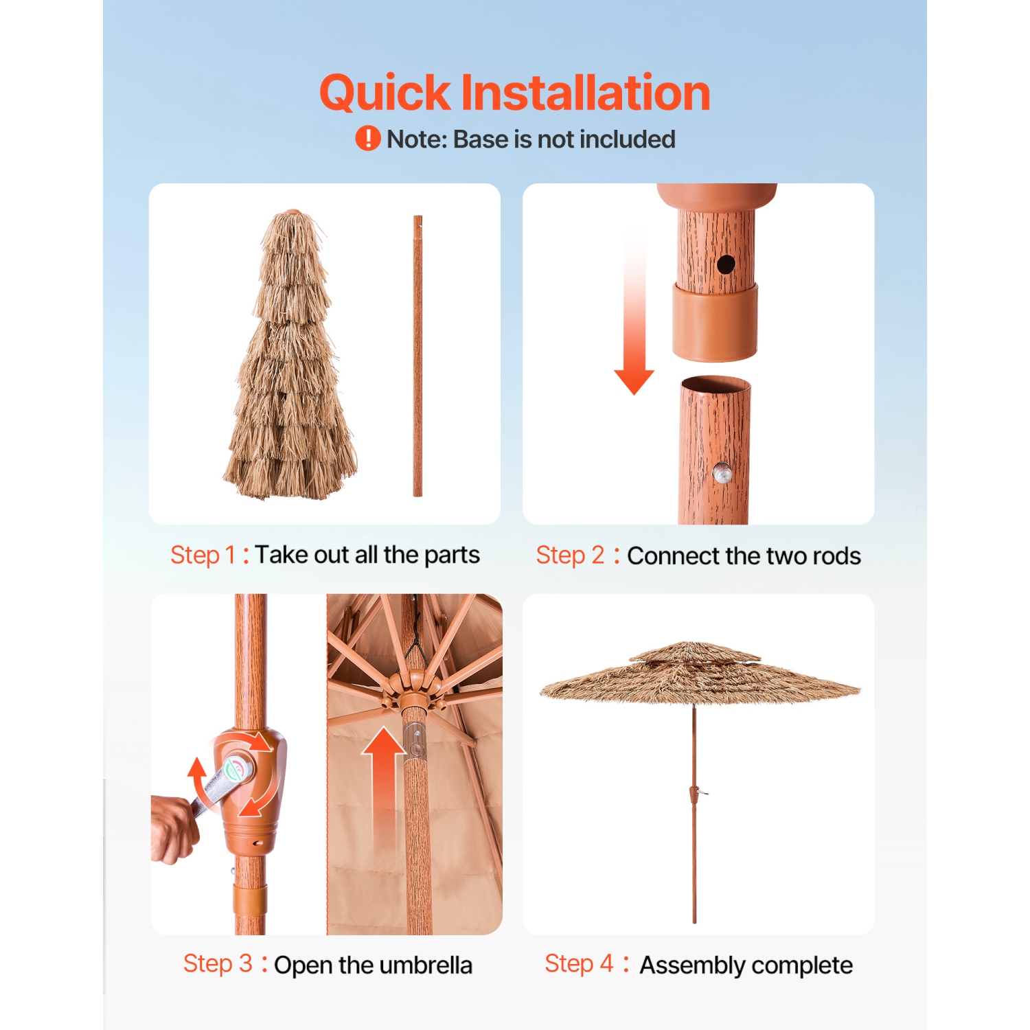 VEVOR 9 ft Tiki Umbrella, Thatched Patio Umbrella with Tilt, 2-Tier Hawaiian Style Beach Parasol with PP Thatch and 8 Metal Ribs, Grass Pool