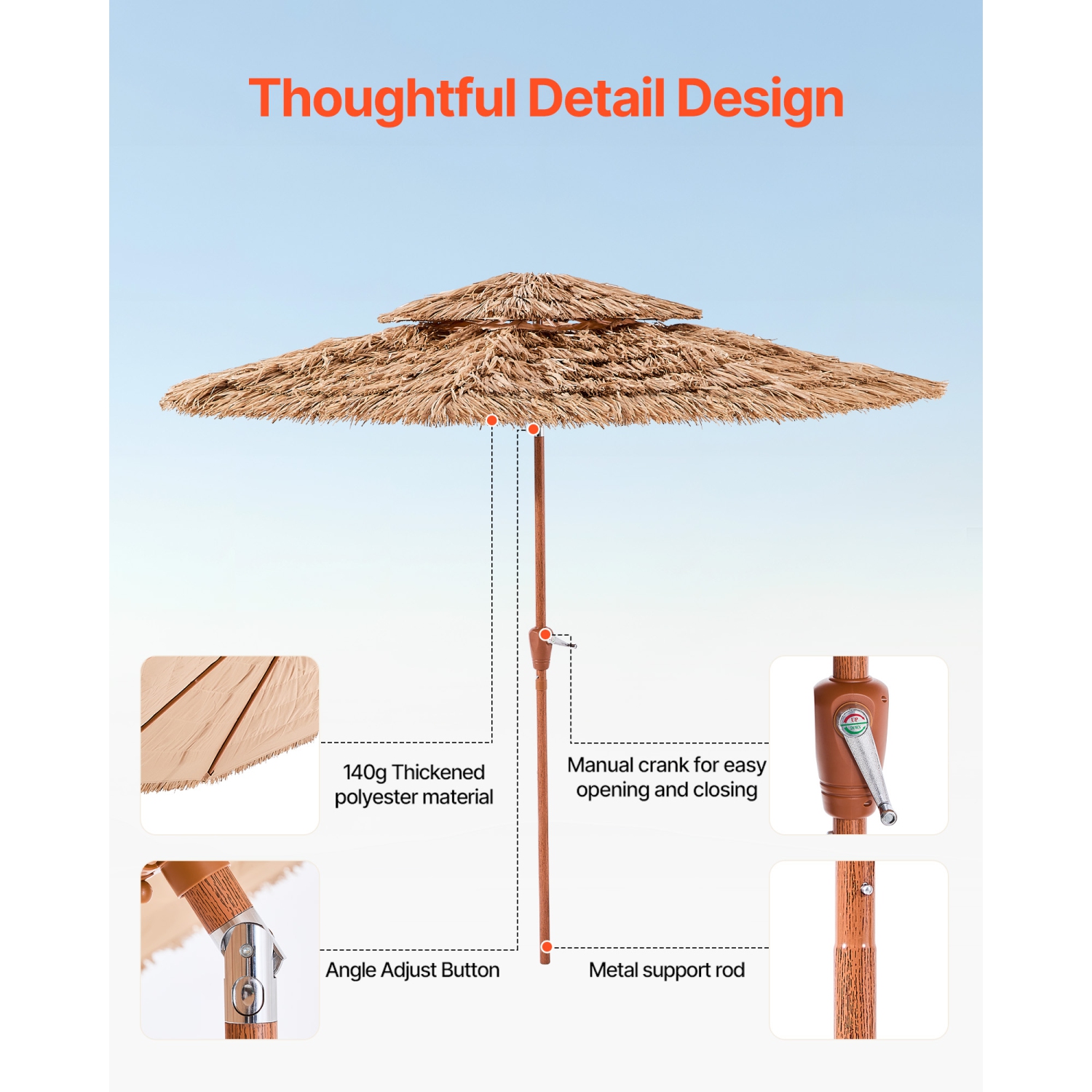 VEVOR 9 ft Tiki Umbrella, Thatched Patio Umbrella with Tilt, 2-Tier Hawaiian Style Beach Parasol with PP Thatch and 8 Metal Ribs, Grass Pool