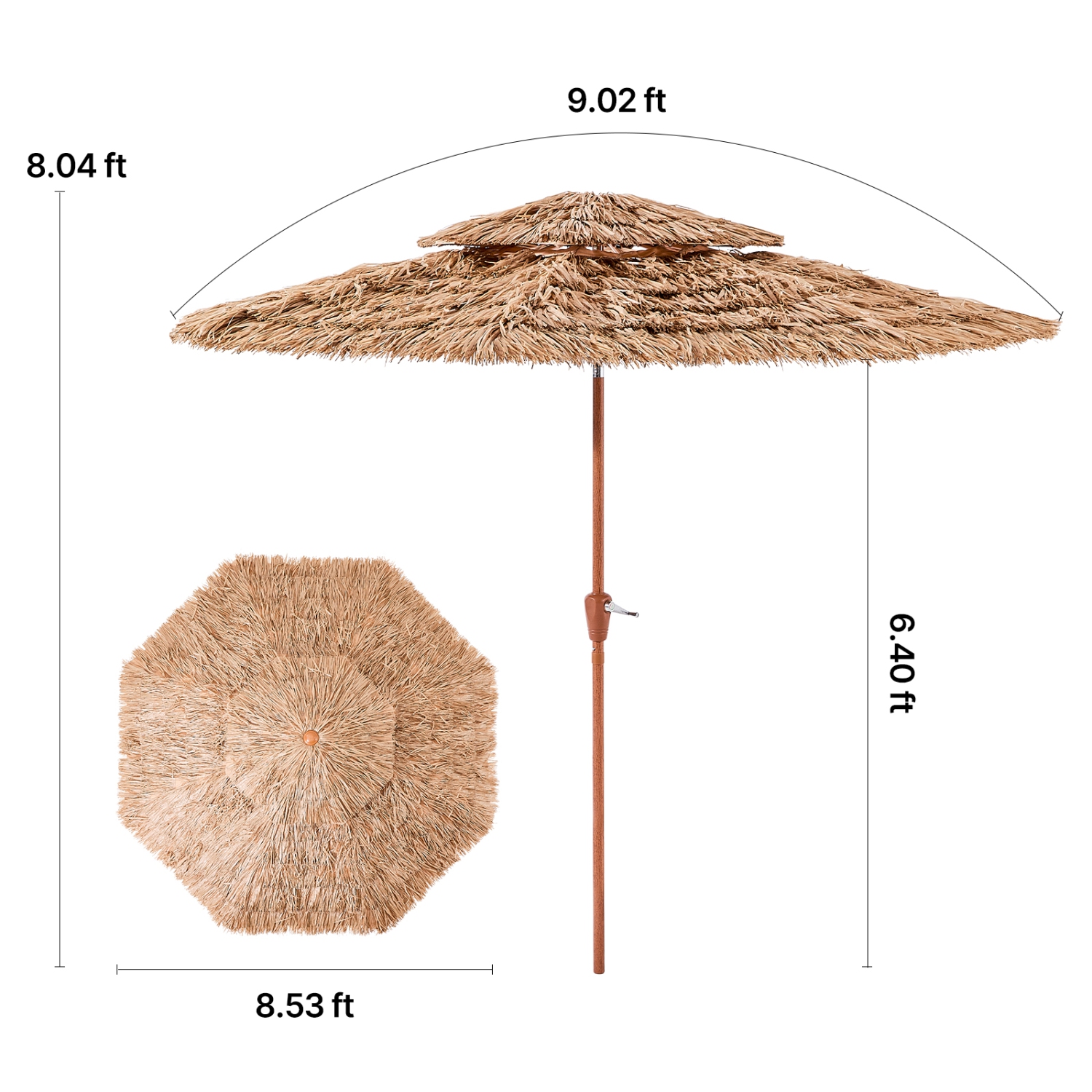 VEVOR 9 ft Tiki Umbrella, Thatched Patio Umbrella with Tilt, 2-Tier Hawaiian Style Beach Parasol with PP Thatch and 8 Metal Ribs, Grass Pool