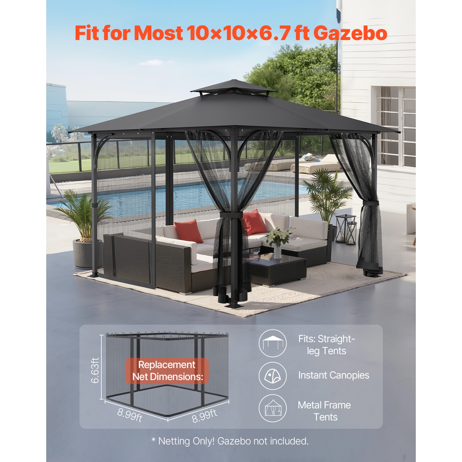 VEVOR 10 x 10 x 6.7 FT Gazebo Netting Replacement, Gazebo Curtain, Outdoor Garden Net, 4-Panel Sidewall Mesh Net, Patio Midge Nettings with Double