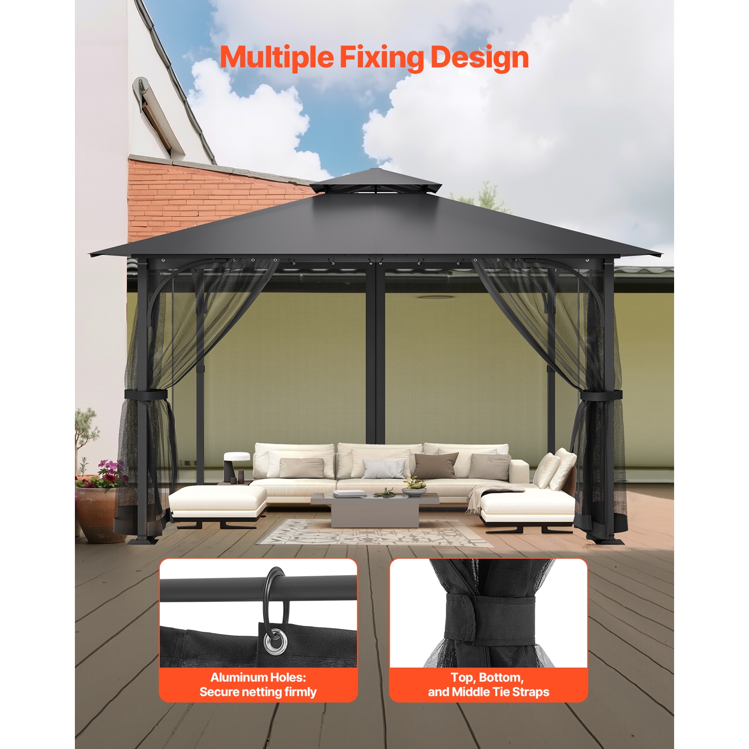 VEVOR 10 x 10 x 6.7 FT Gazebo Netting Replacement, Gazebo Curtain, Outdoor Garden Net, 4-Panel Sidewall Mesh Net, Patio Midge Nettings with Double