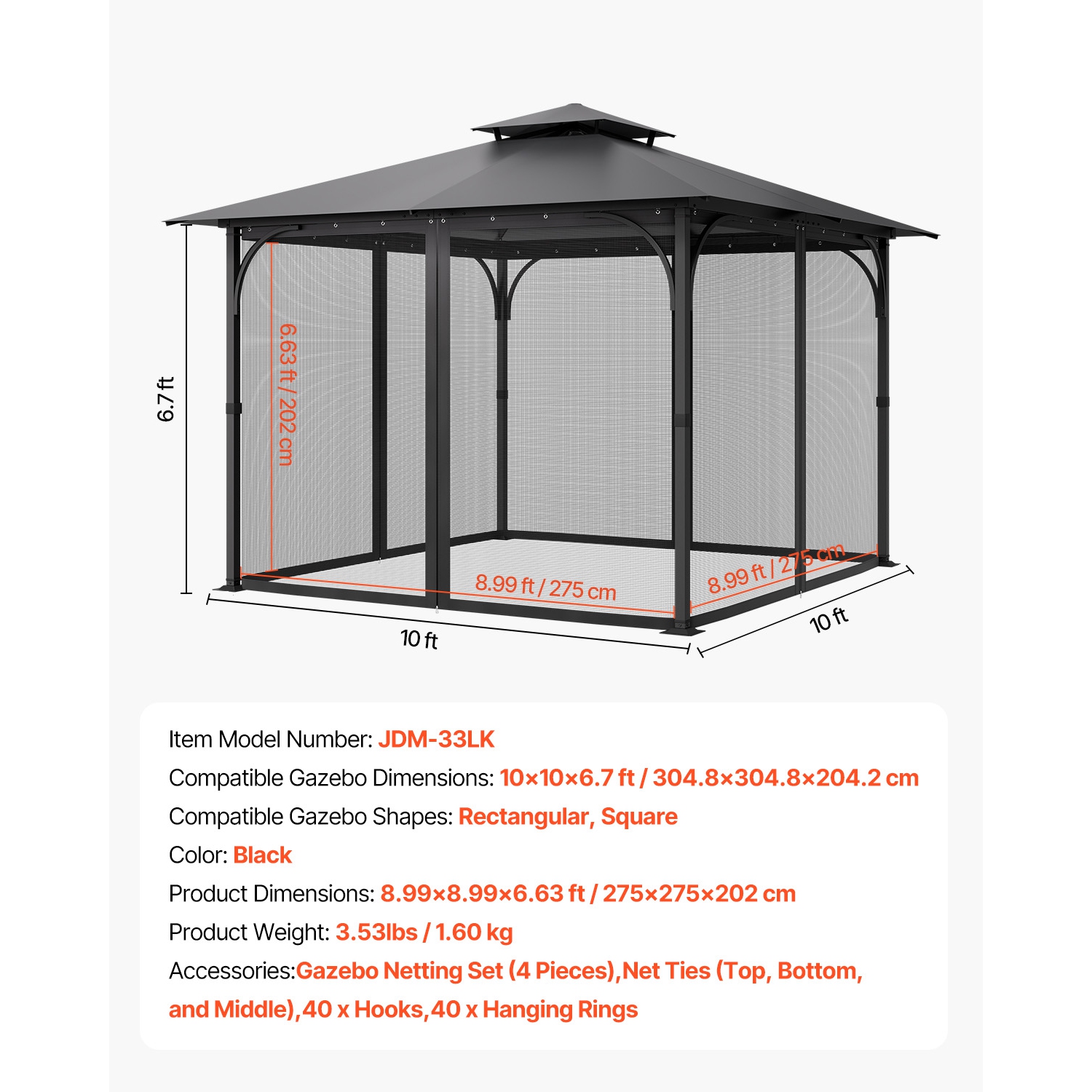 VEVOR 10 x 10 x 6.7 FT Gazebo Netting Replacement, Gazebo Curtain, Outdoor Garden Net, 4-Panel Sidewall Mesh Net, Patio Midge Nettings with Double