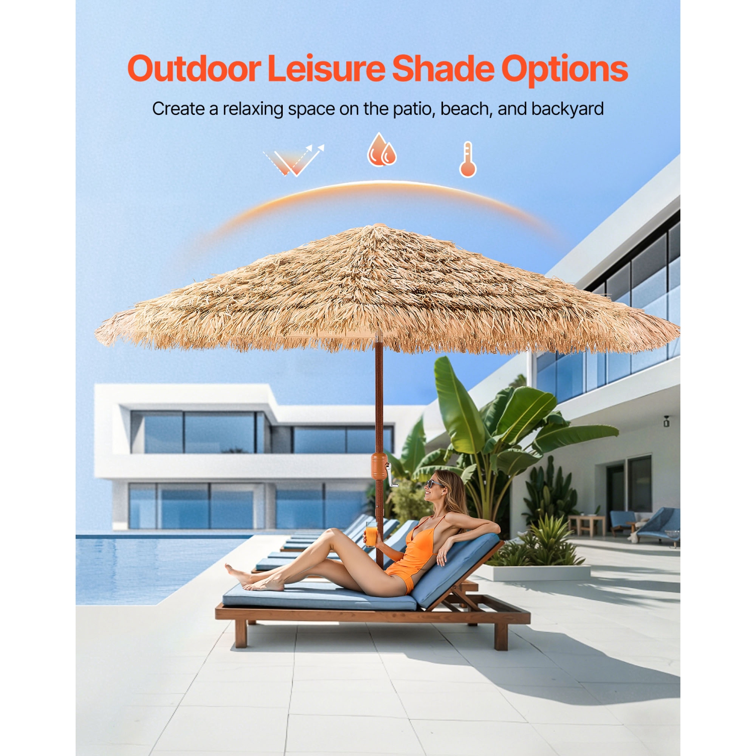 VEVOR 9 ft Tiki Umbrella, Thatched Patio Umbrella with Tilt, Hawaiian Style Beach Parasol with Durable PP Thatch and 8 Metal Ribs, Grass Pool