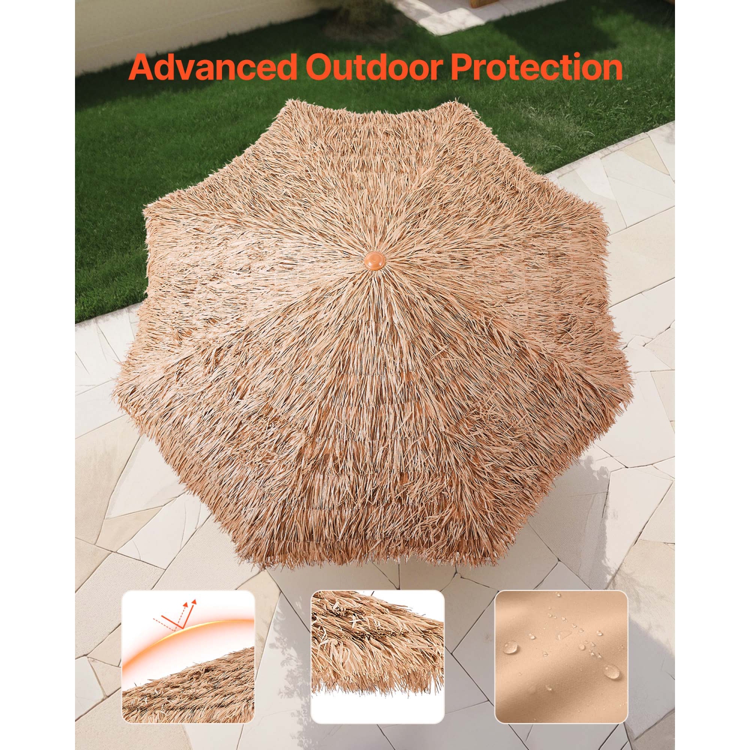VEVOR 9 ft Tiki Umbrella, Thatched Patio Umbrella with Tilt, Hawaiian Style Beach Parasol with Durable PP Thatch and 8 Metal Ribs, Grass Pool