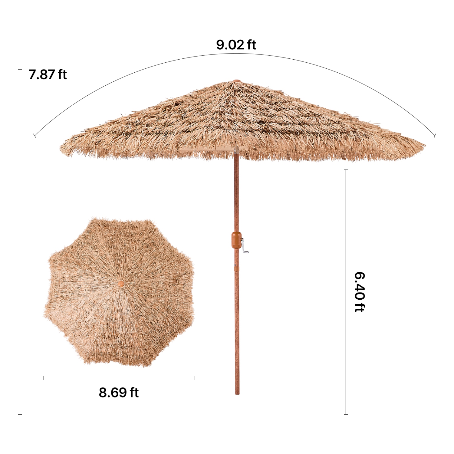 VEVOR 9 ft Tiki Umbrella, Thatched Patio Umbrella with Tilt, Hawaiian Style Beach Parasol with Durable PP Thatch and 8 Metal Ribs, Grass Pool