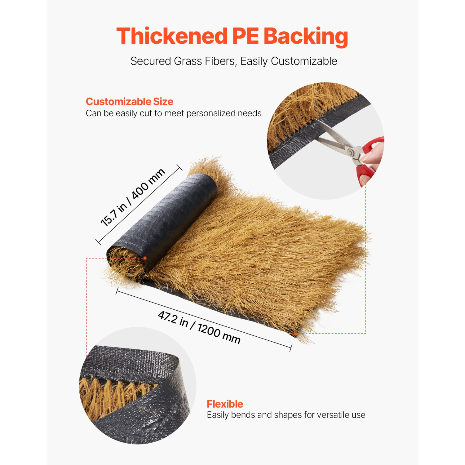 VEVOR 1.3 x 3.9 ft Artificial Thatch Grass Roof, Tiki Bar Hut Thatch Roofing Roll, Waterproof & Fire-Resistant, Palapa Tiki Roof Mat for Patio Pool