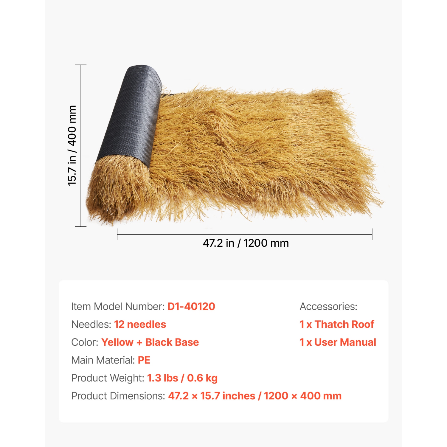 VEVOR 1.3 x 3.9 ft Artificial Thatch Grass Roof, Tiki Bar Hut Thatch Roofing Roll, Waterproof & Fire-Resistant, Palapa Tiki Roof Mat for Patio Pool