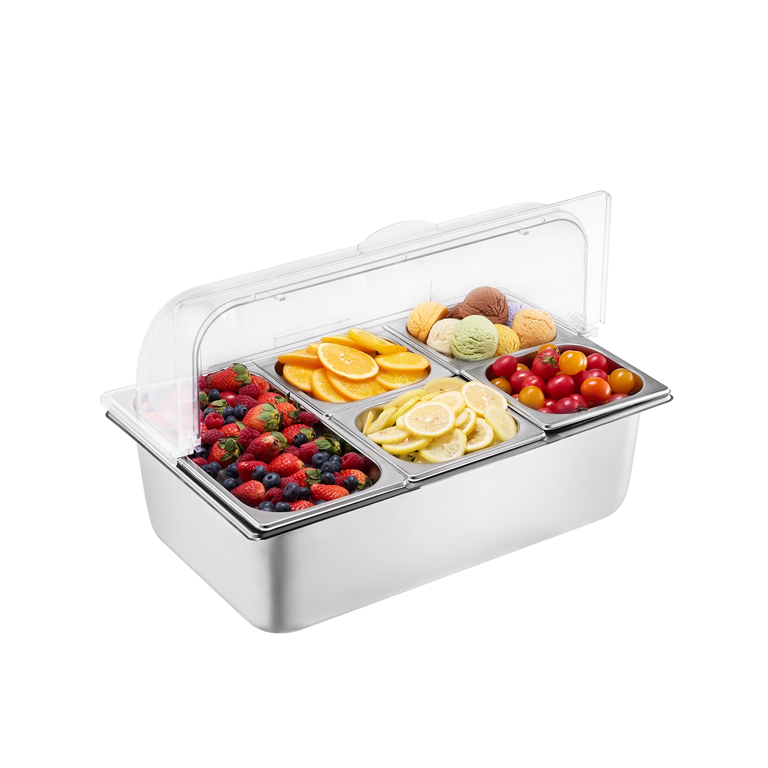 VEVOR 5 Pan Countertop Food Serving Display Container, Stainless Steel Food Serving Tray, Buffet Condiment Dispenser Display Rack with Clear Lid & 3