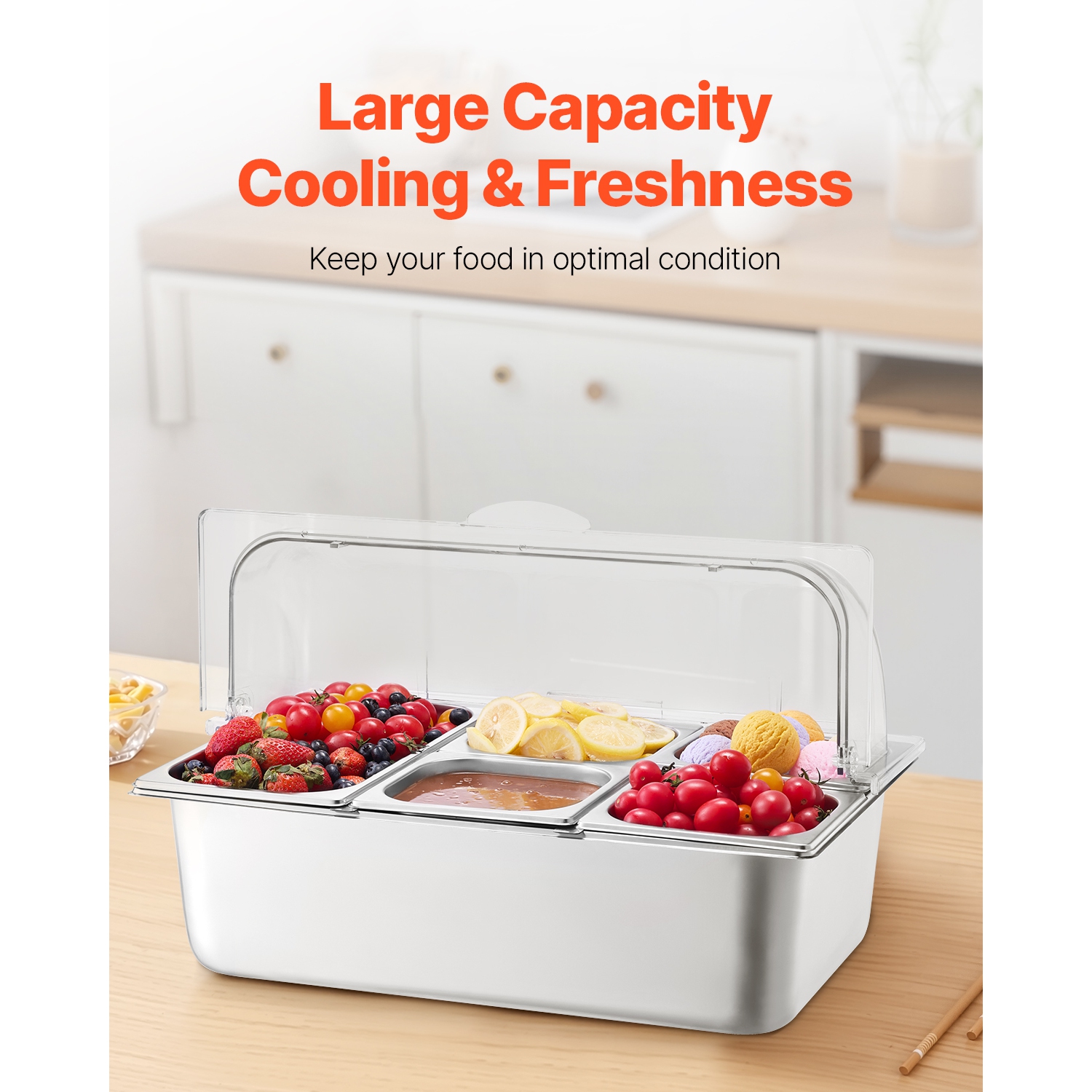 VEVOR 5 Pan Countertop Food Serving Display Container, Stainless Steel Food Serving Tray, Buffet Condiment Dispenser Display Rack with Clear Lid & 3