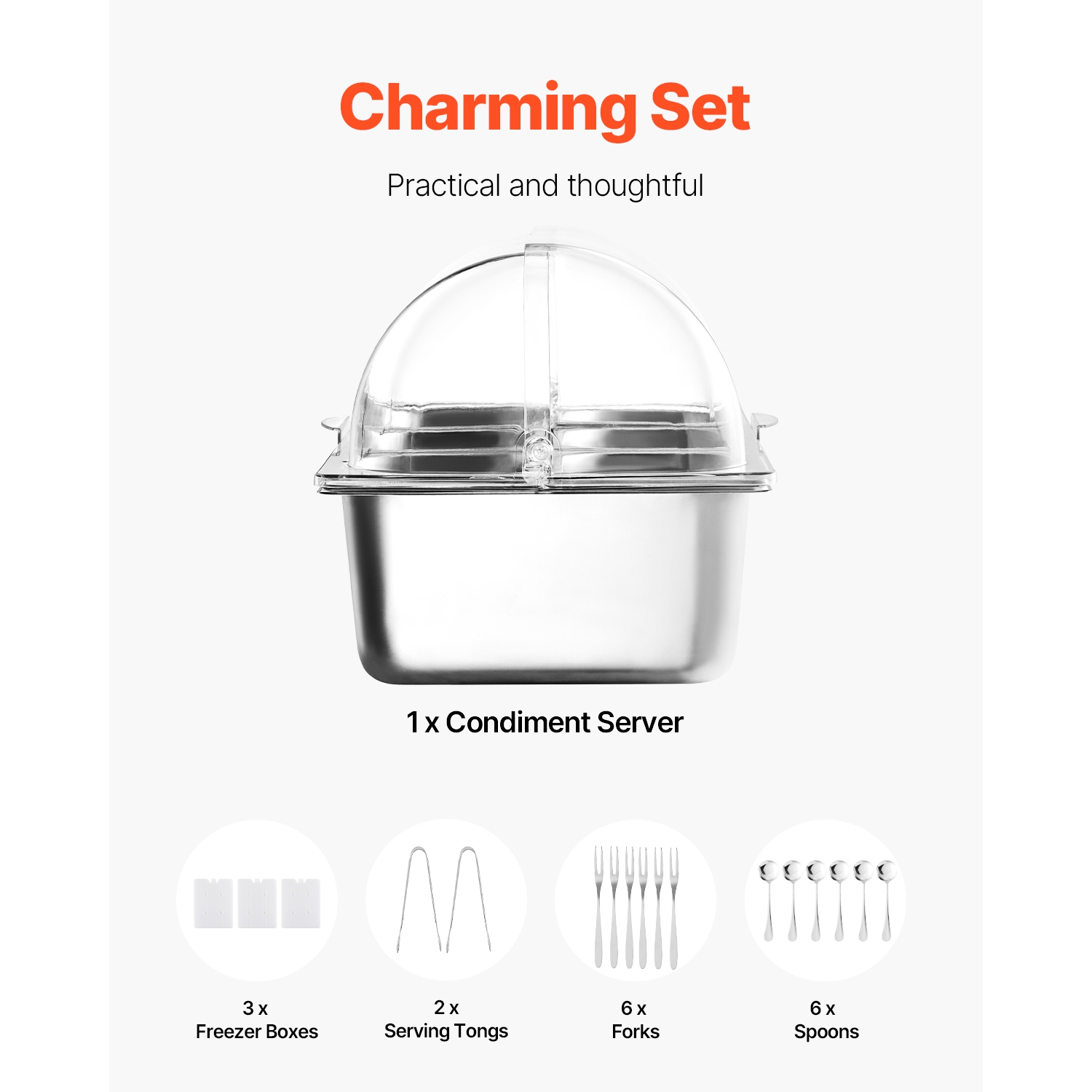 VEVOR 5 Pan Countertop Food Serving Display Container, Stainless Steel Food Serving Tray, Buffet Condiment Dispenser Display Rack with Clear Lid & 3