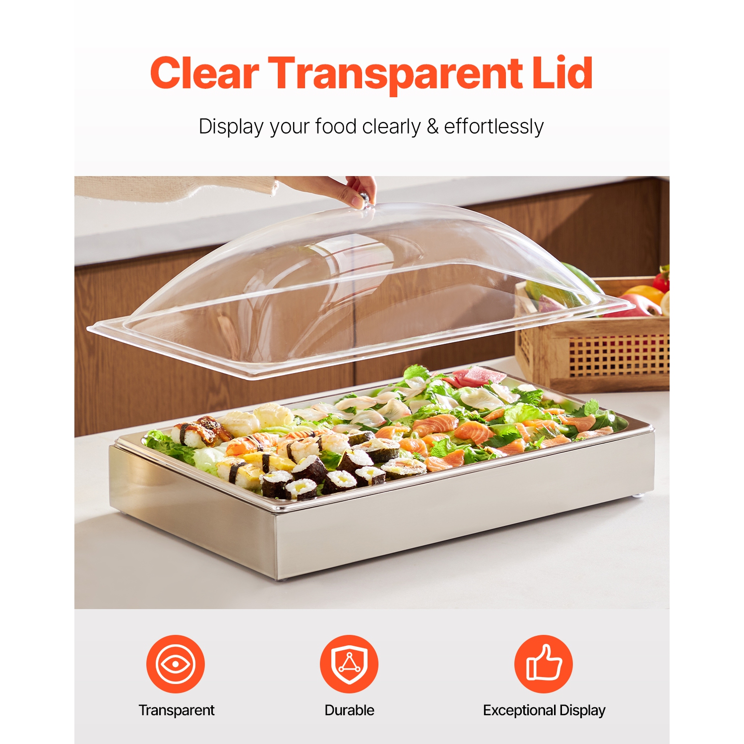 VEVOR 1 x 1 Pan Countertop Food Serving Display Container, Stainless Steel Food Serving Tray, Buffet Condiment Dispenser Display Rack with Clear Arc