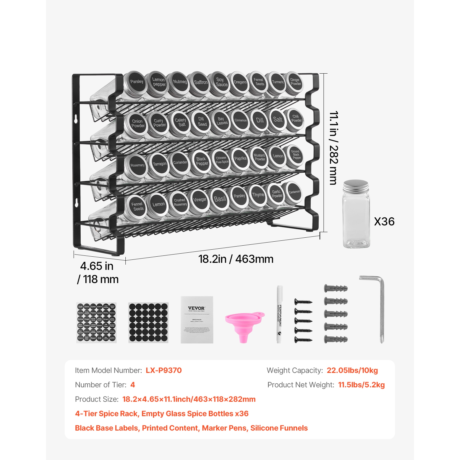 VEVOR 18x11 in Spice Rack Organizer for Cabinet, Spice Organizer with 36 Empty Spice Jars, Lids, Spice Labels, and Funnel Complete Set, Seasoning