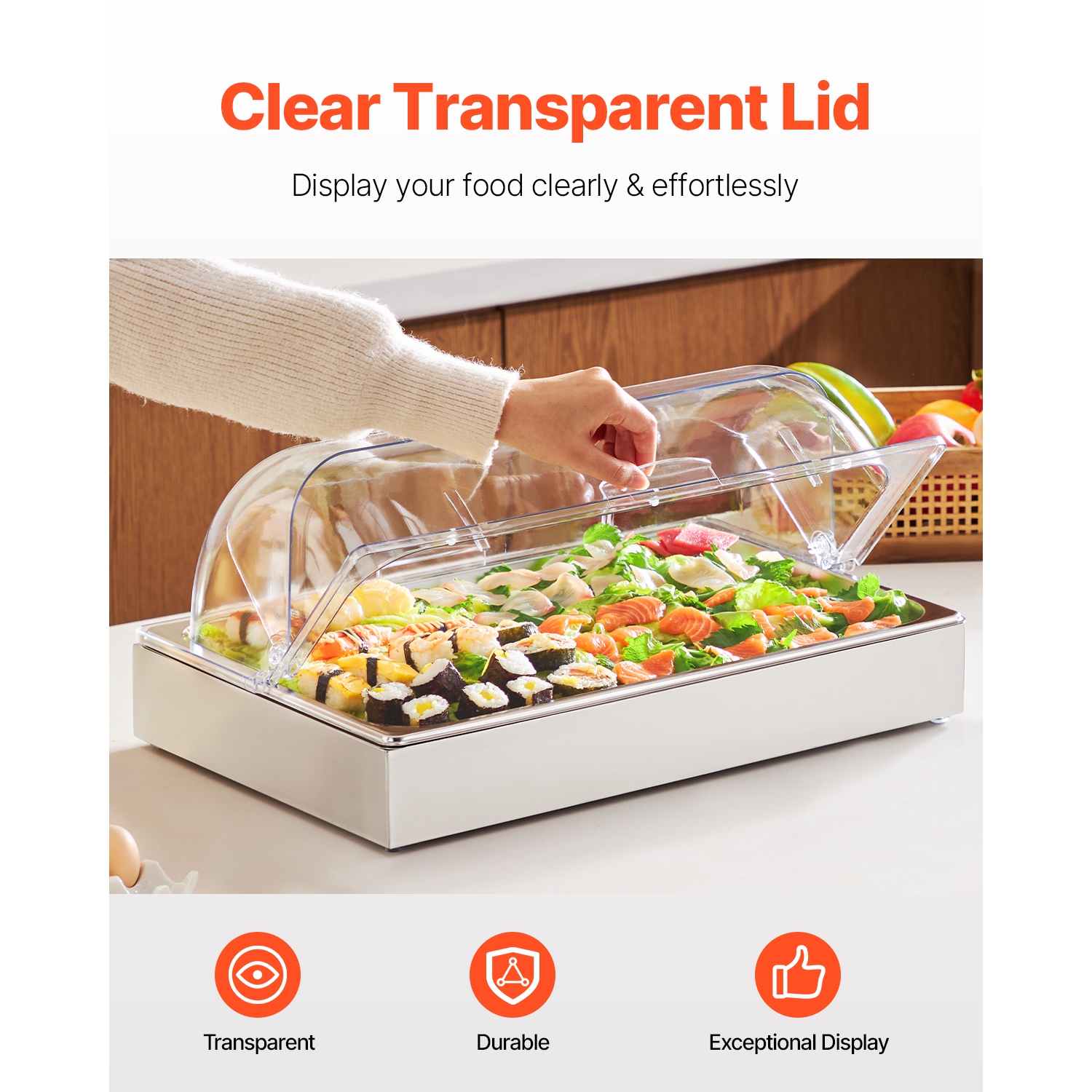 VEVOR 1 x 1 Pan Countertop Food Serving Display Container, Stainless Steel Food Serving Tray, Buffet Condiment Dispenser Display Rack with Clear Lid