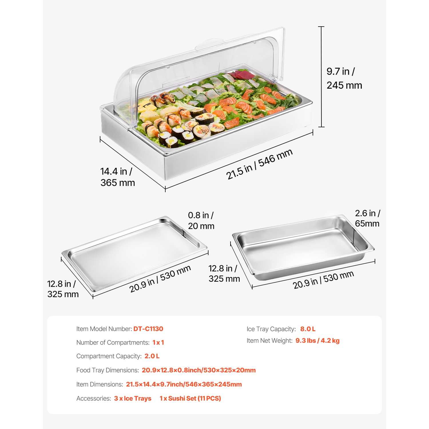 VEVOR 1 x 1 Pan Countertop Food Serving Display Container, Stainless Steel Food Serving Tray, Buffet Condiment Dispenser Display Rack with Clear Lid