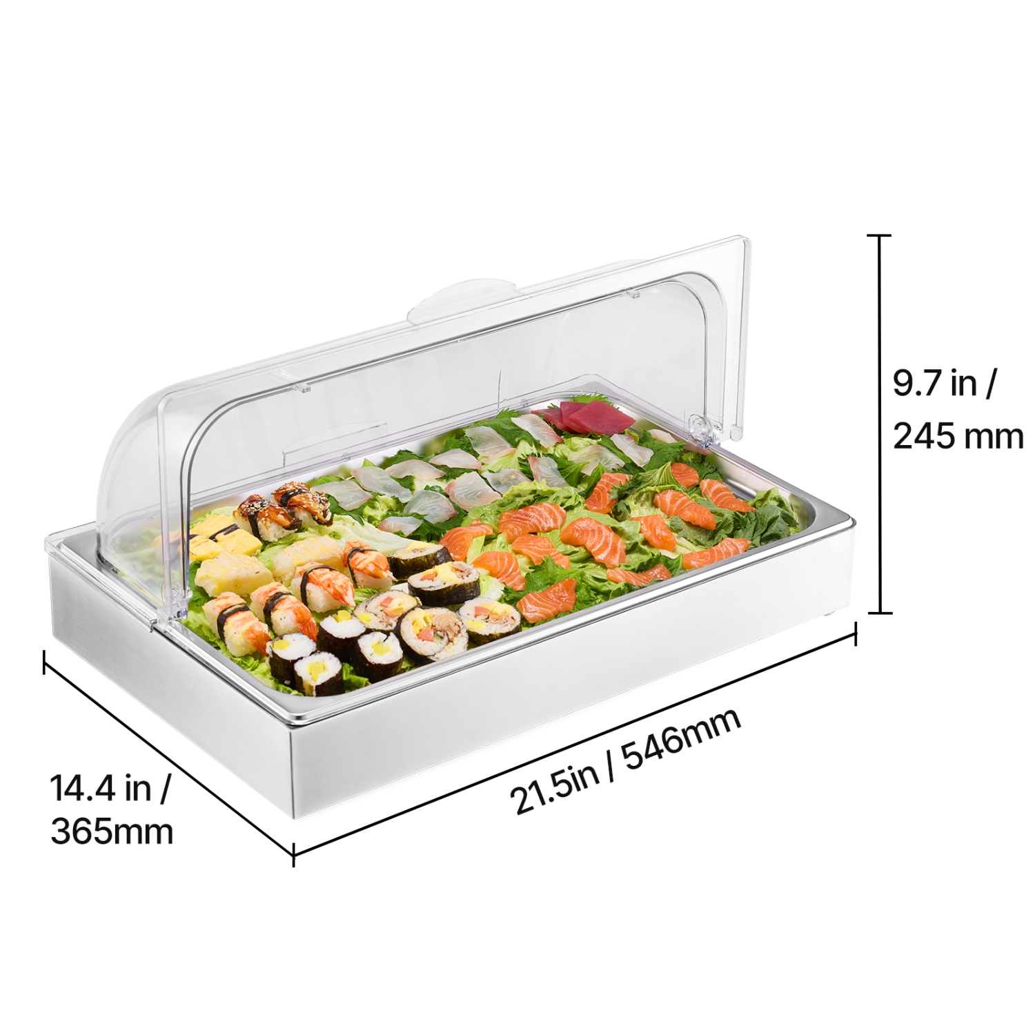 VEVOR 1 x 1 Pan Countertop Food Serving Display Container, Stainless Steel Food Serving Tray, Buffet Condiment Dispenser Display Rack with Clear Lid