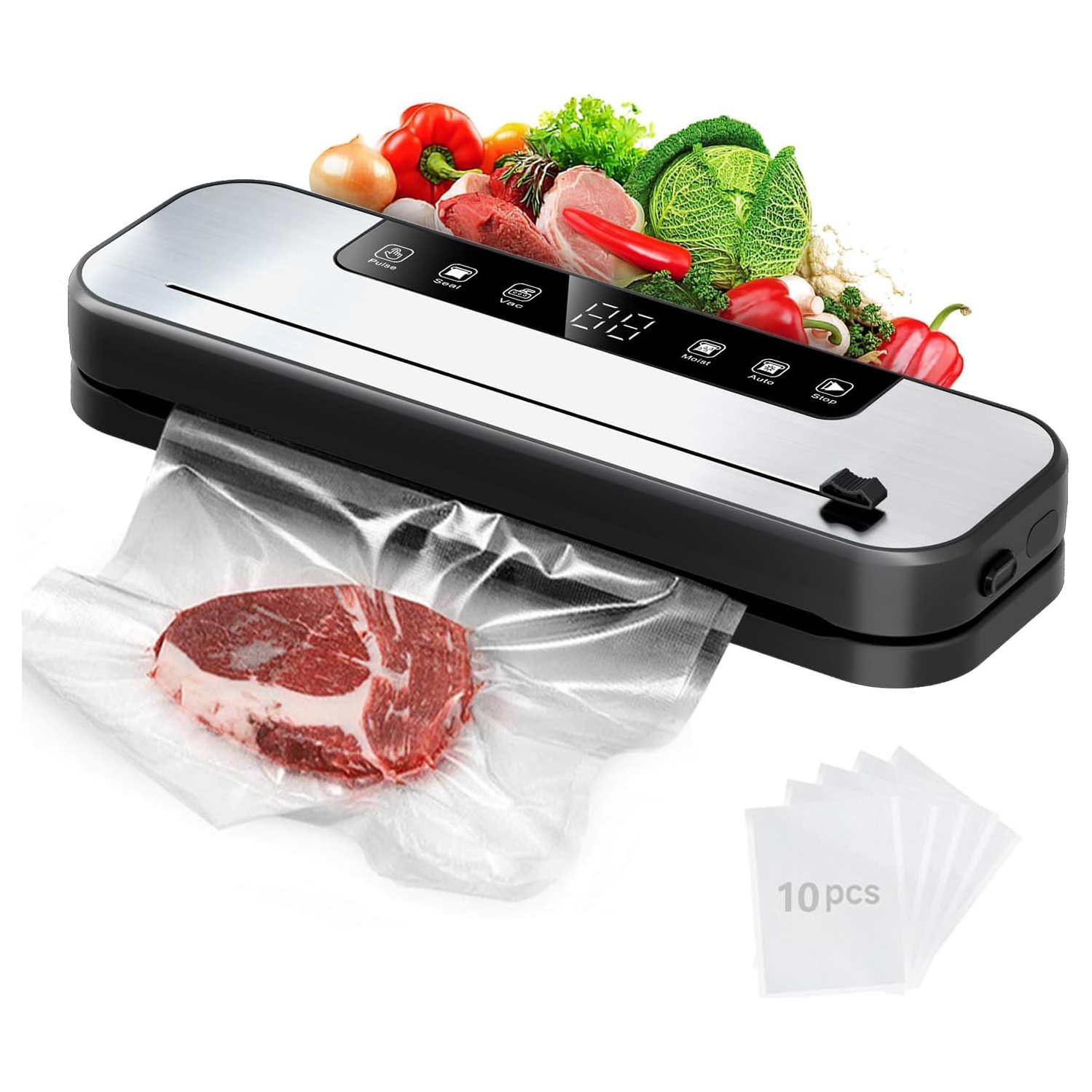 Vacuum Sealer Machine for Food,75KPa Powerful Suction Vacuum Sealer,Automatic Sealing & Packaging Machine for Food Preservation,with 10 Vacuum Bags