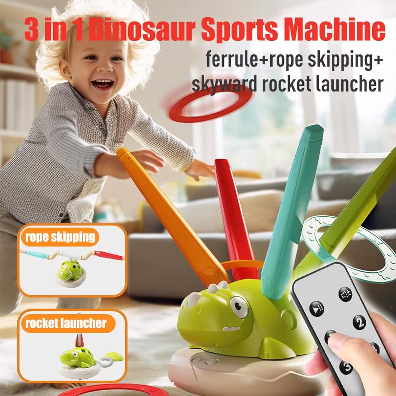 Dinosaur 3-in-1 music jumping, ring throwing game toy and rocket launcher, suitable for children's outdoor toys, with remote control, indoor and