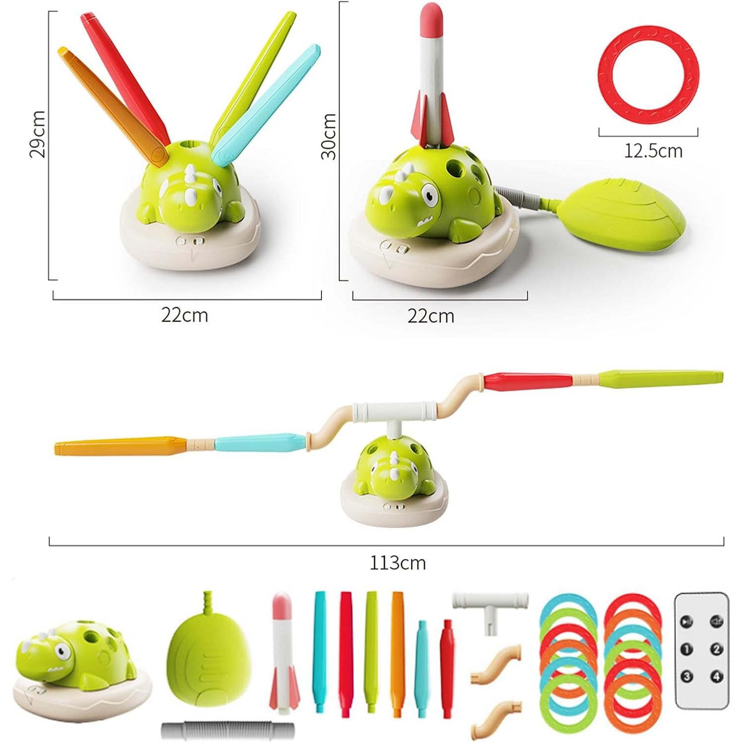 Dinosaur 3-in-1 music jumping, ring throwing game toy and rocket launcher, suitable for children's outdoor toys, with remote control, indoor and