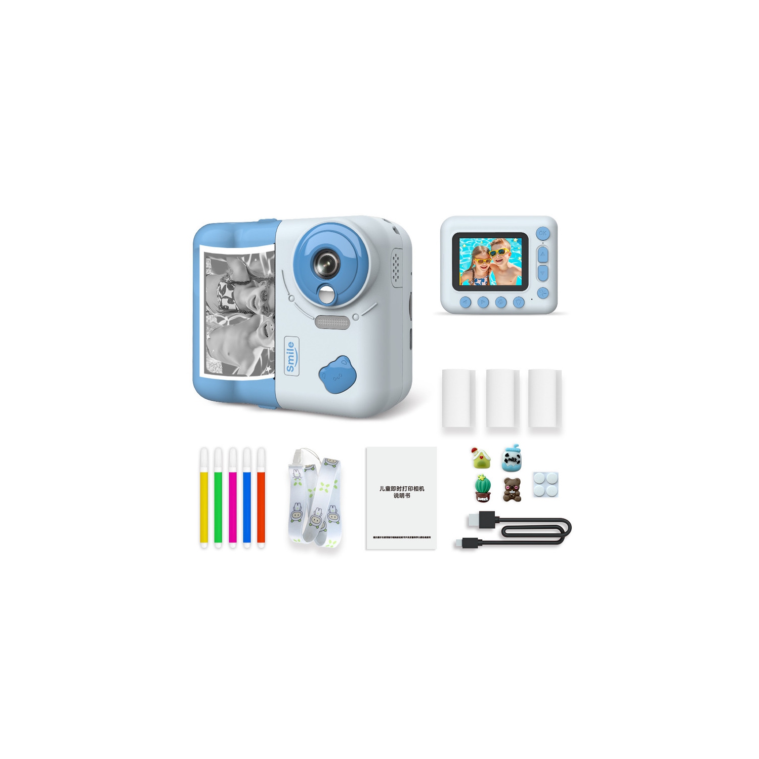 Appareil photo numérique instantané pour enfants avec impression instantanée, zoom 10x, pixels 12 Mpx, jouet-cadeau - Bleu