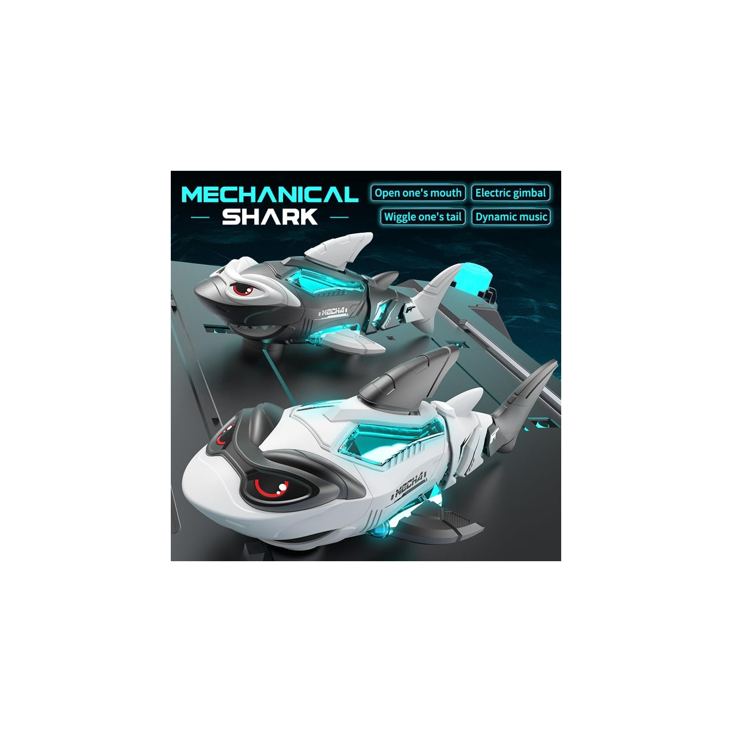 Electric Remote Control Shark Fish Toy, Children's Electric Toy with Mechanical Shark, Lights, Sounds, Universal Wheels and Luminous Music - White.