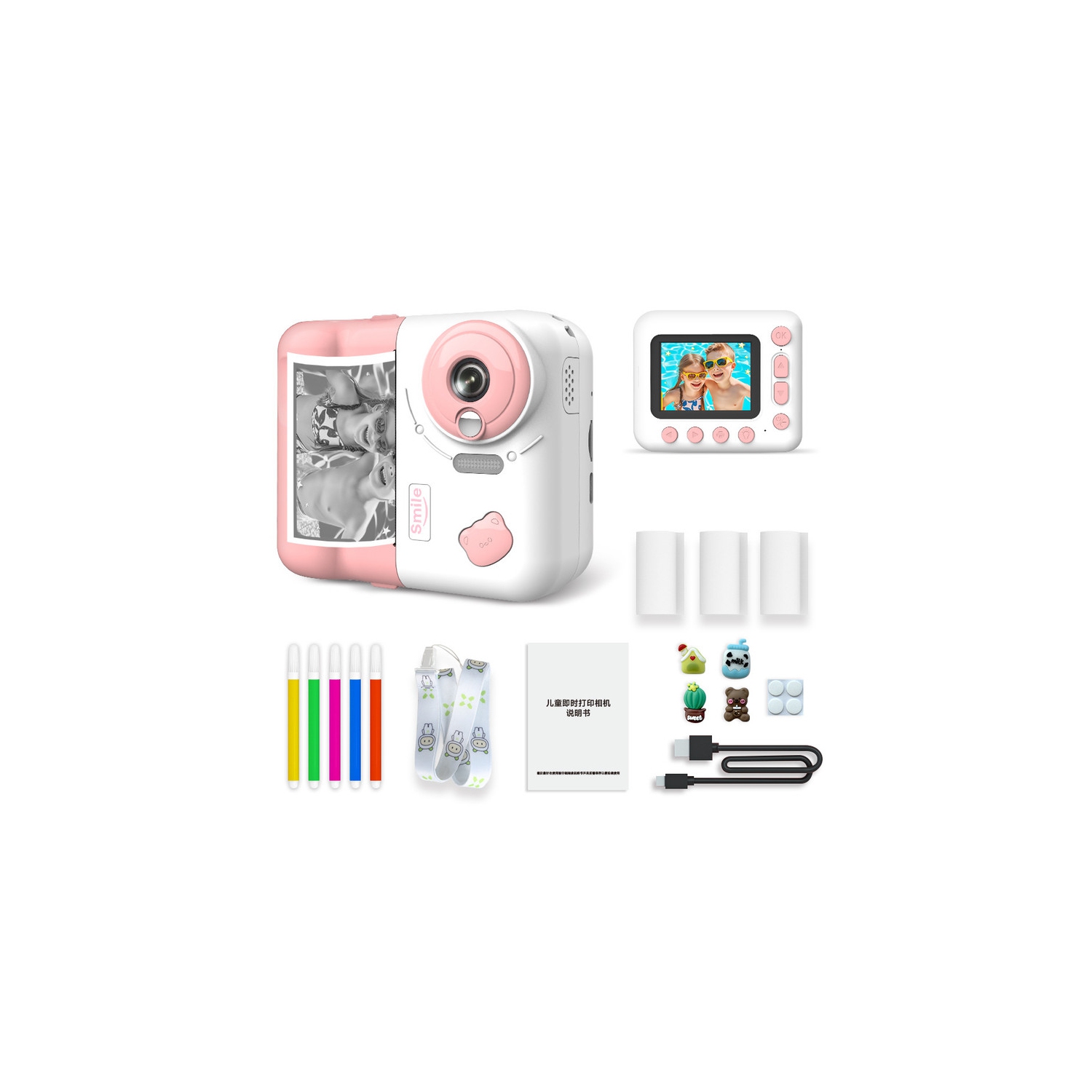 Kids Polaroid Camera with Instant Print, 10x Zoom, 12MP, Toy Gift - Pink