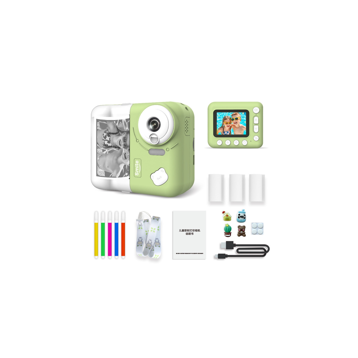 Children's Polaroid Camera with Instant Print, 10x Zoom, 12MP, Toy Gift - Green