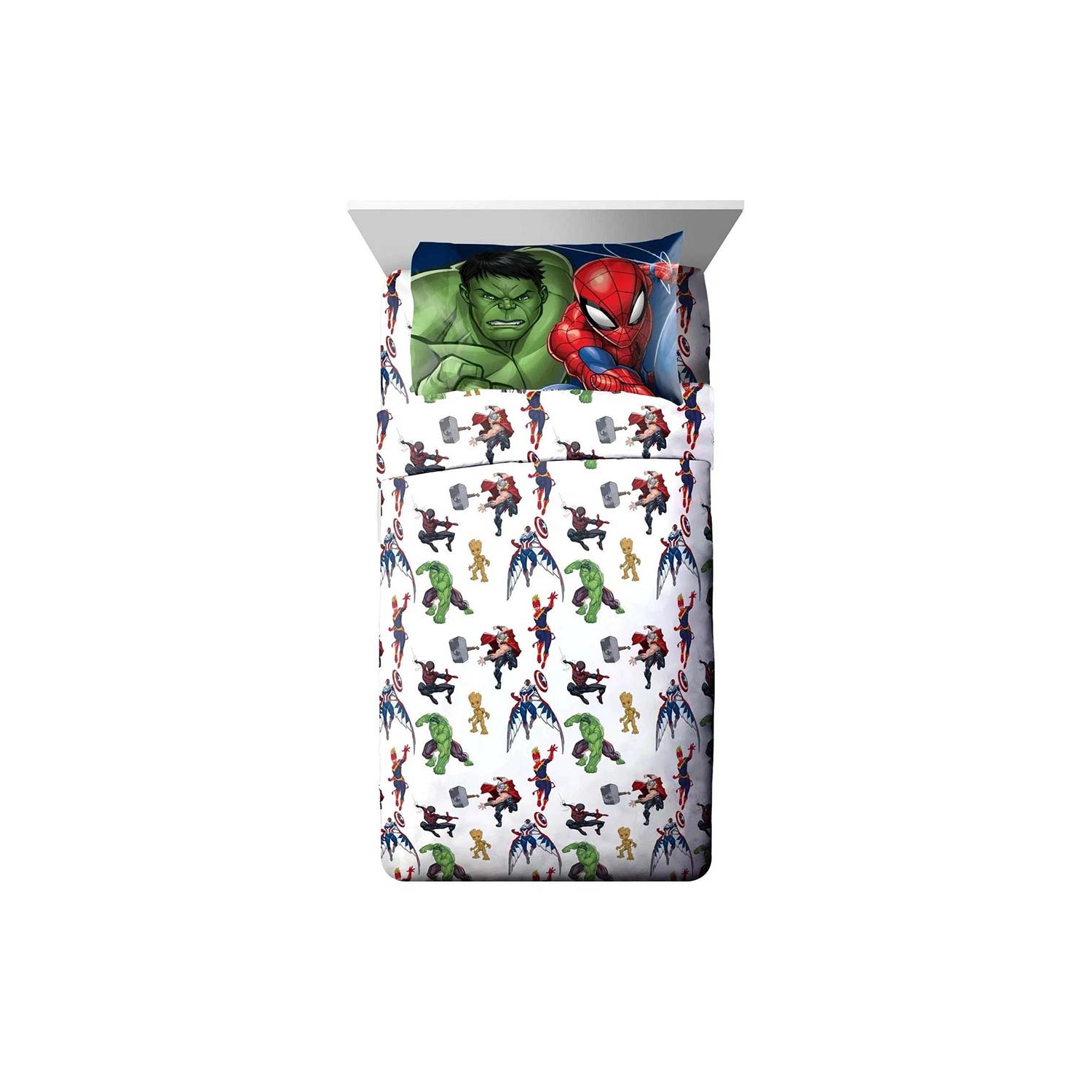 Ensemble de draps en sac pour lit simple de 4 pièces Avengers pour enfants : couvre-lit, drap plat, drap-housse et taie d'oreiller